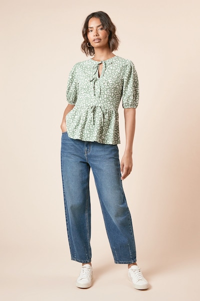 Dorothy Perkins Bow Tie Front Puff Sleeve Jersey Top Green