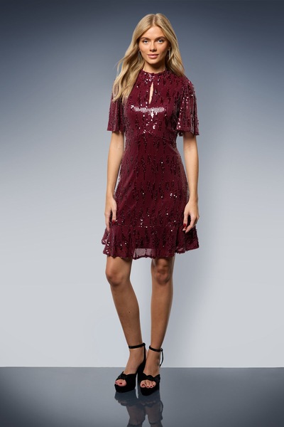 Oasis Sequin Detail Flute Sleeve Mini Dress Red