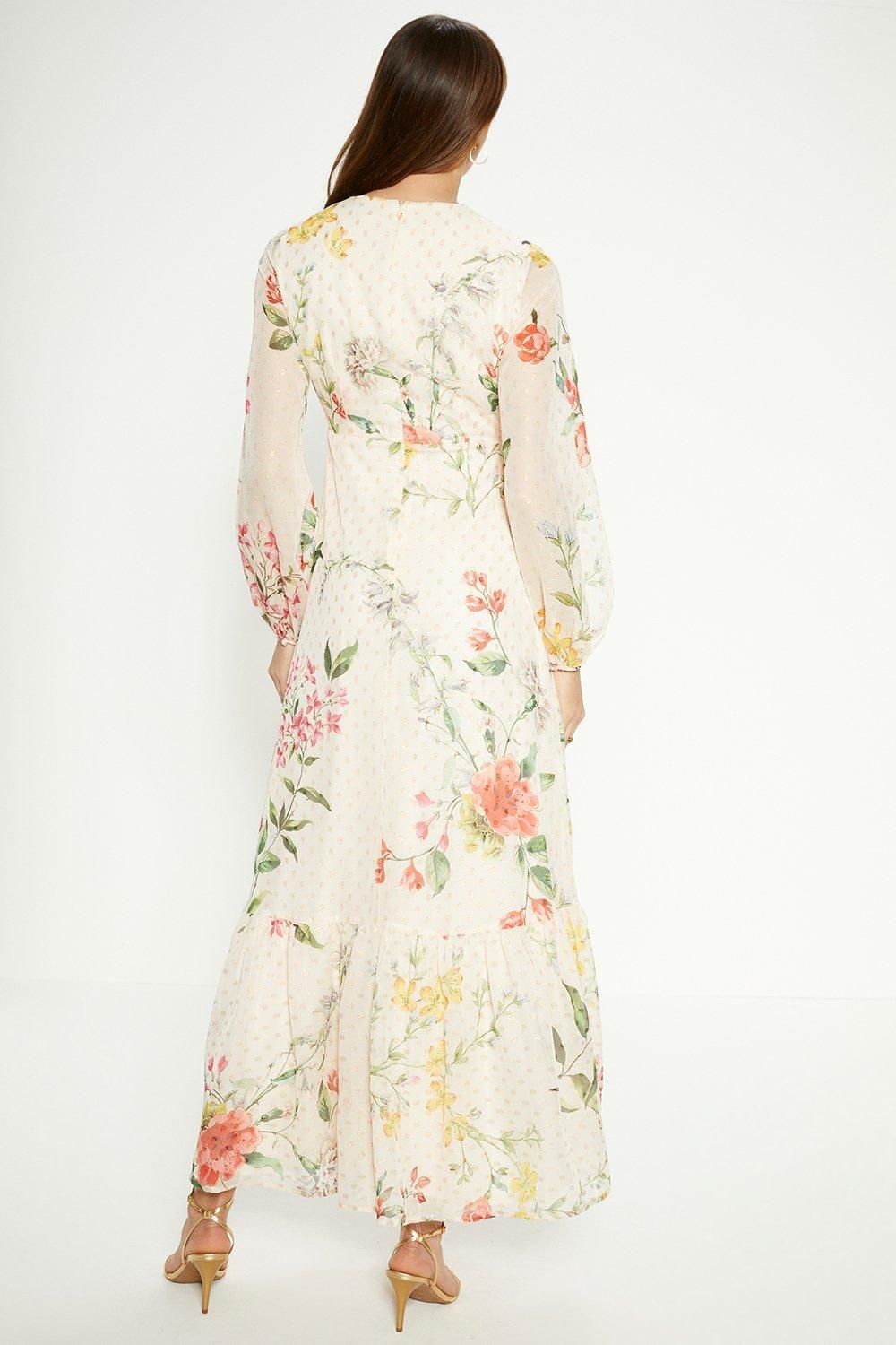 Oasis Petite Trailing Floral Metallic Balloon Sleeve Dress Ivory image 3