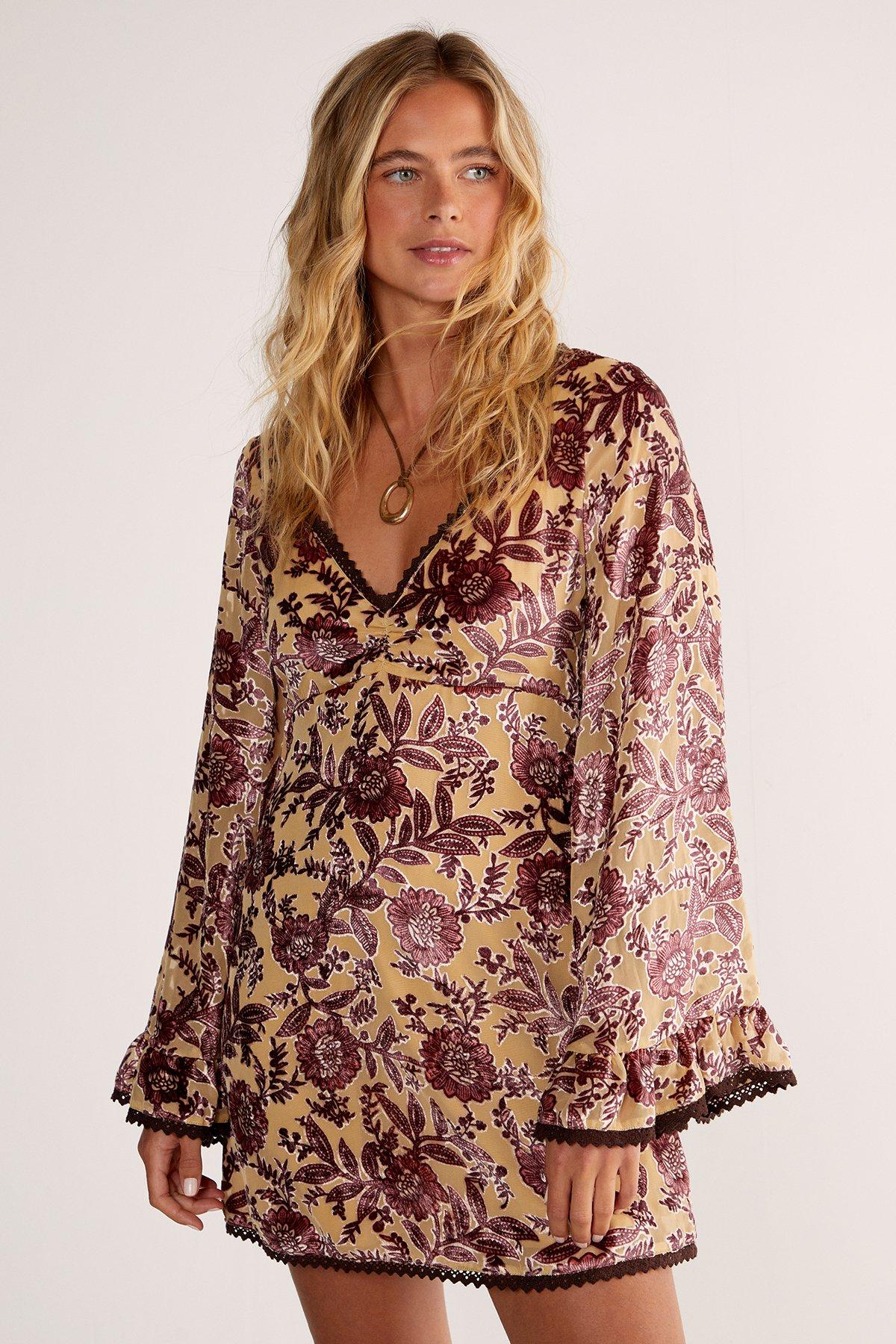 NastyGal Vintage Floral Devore Lace Trim Ruffle Sleeve Mini Dress Beige image 1