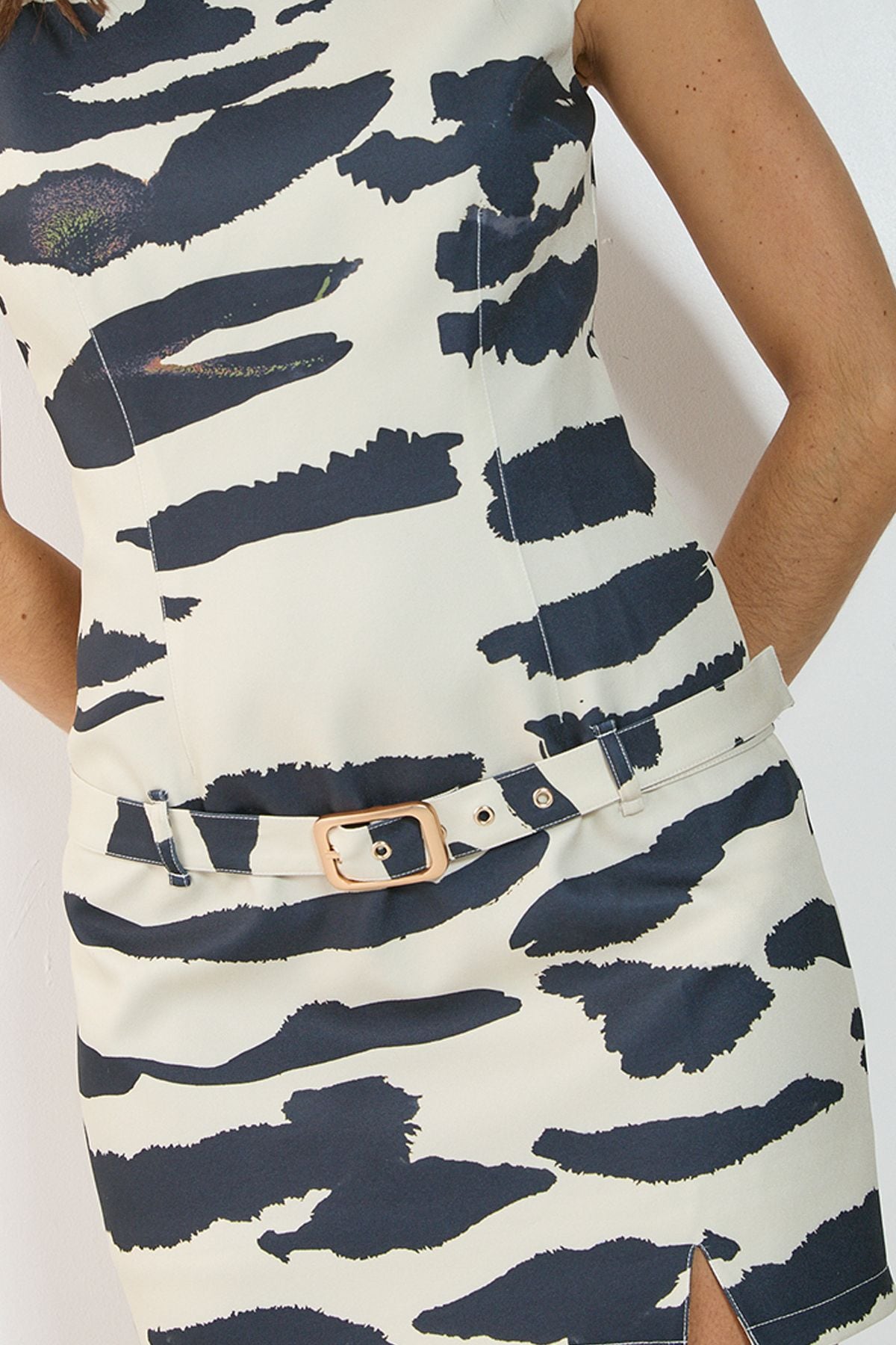 NastyGal Tiger Belted Drop Waist Tailored Split Mini Dress Butter image 5