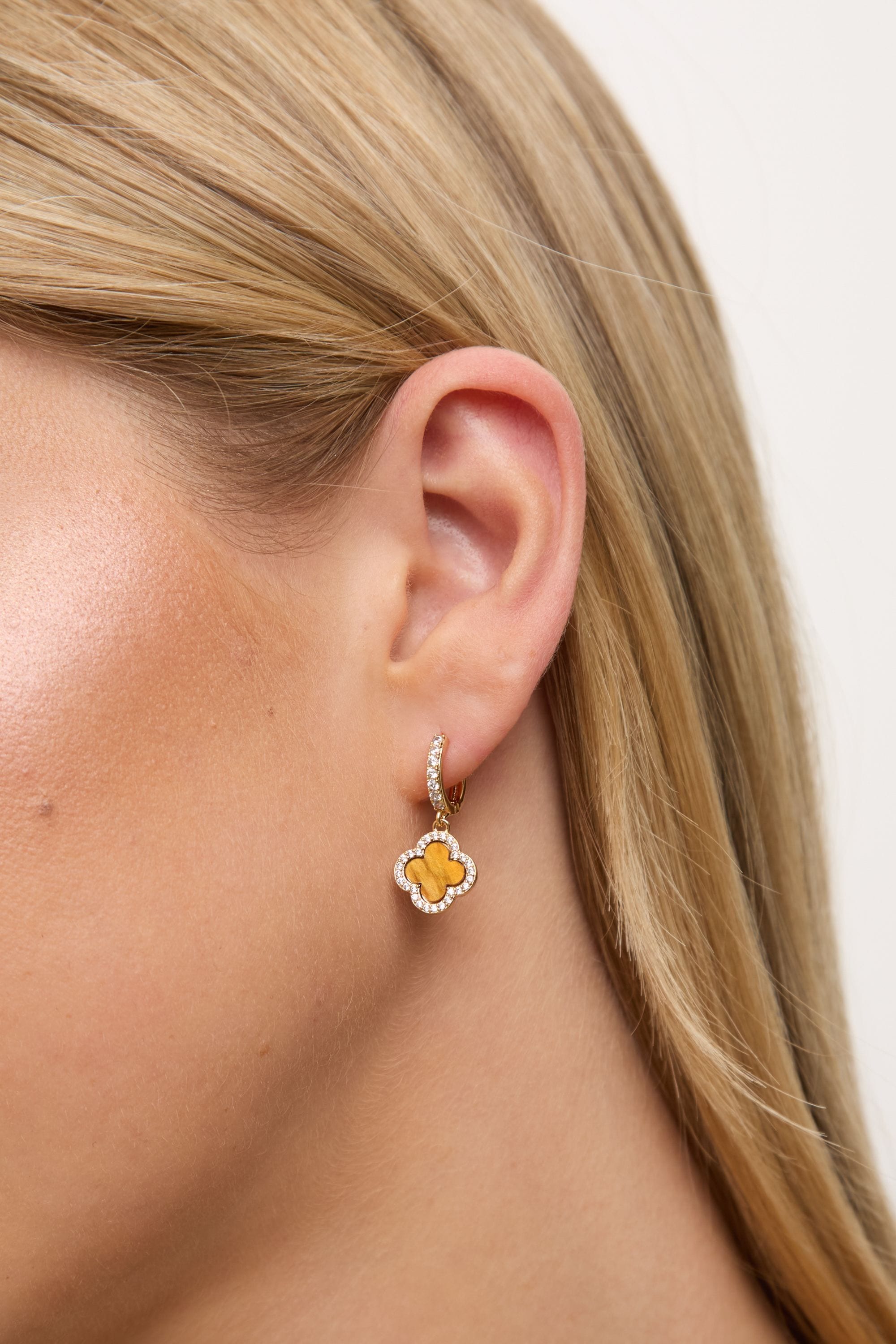 Jon Richard Gold Plated and Tigers Eye Clover Huggie Earrings image 2