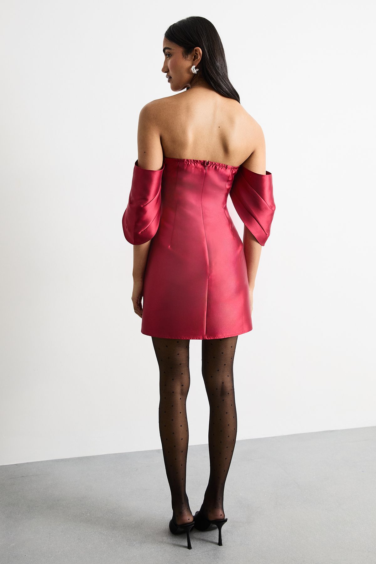 Warehouse Structured Puff Sleeve Bardot Mini Dress Dark Red image 3