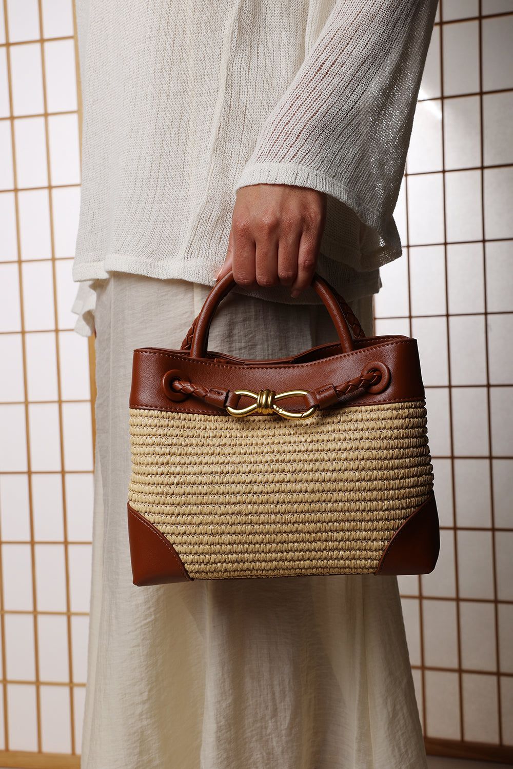 Where's That From 'Luna' Woven Leather Tote Bag With Gold Detail