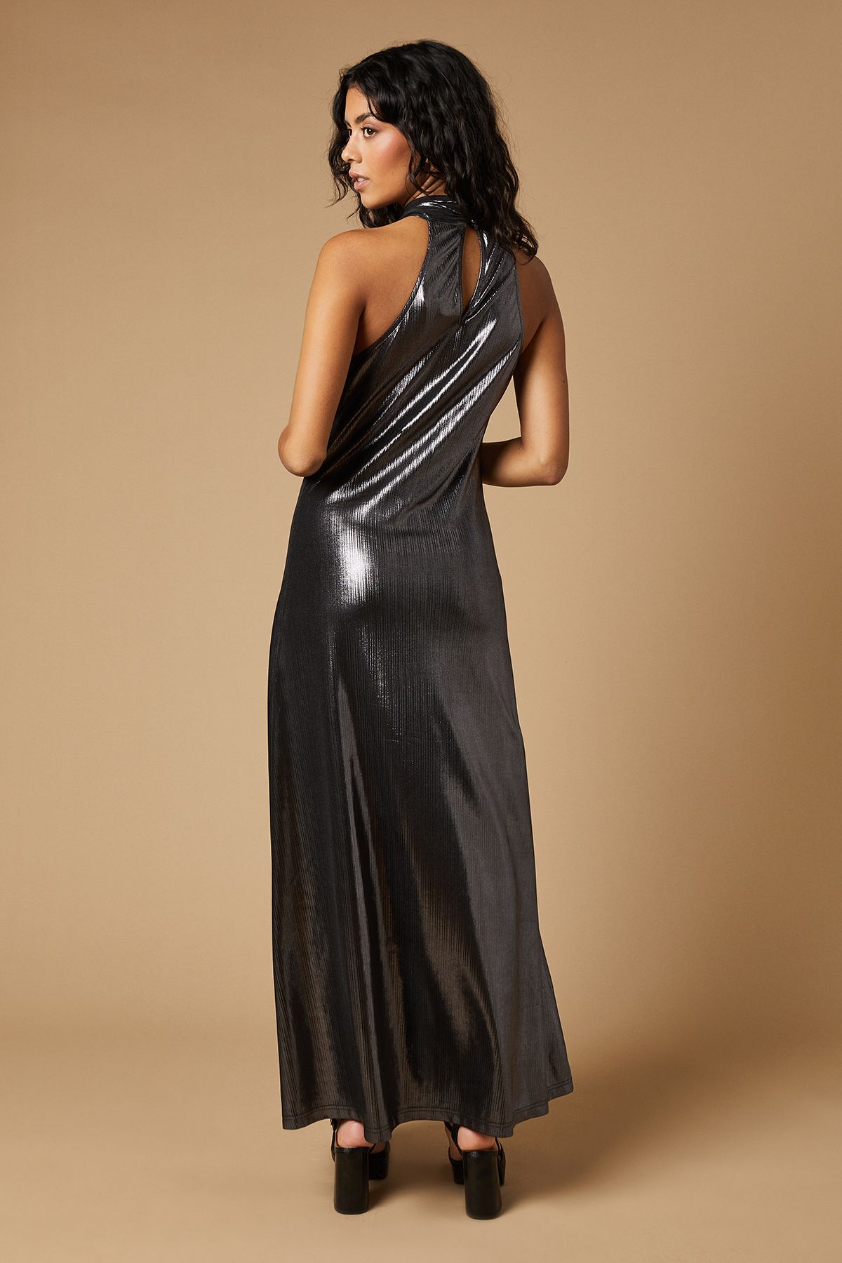 Oasis Petite Occasion Metallic Twist Neck Midaxi Dress Pewter image 3