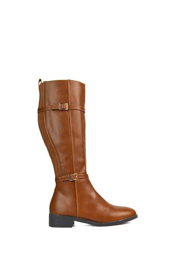 XY London 'Ellis' Flat Heel Stretch Knee High Long Boots With Buckle Details