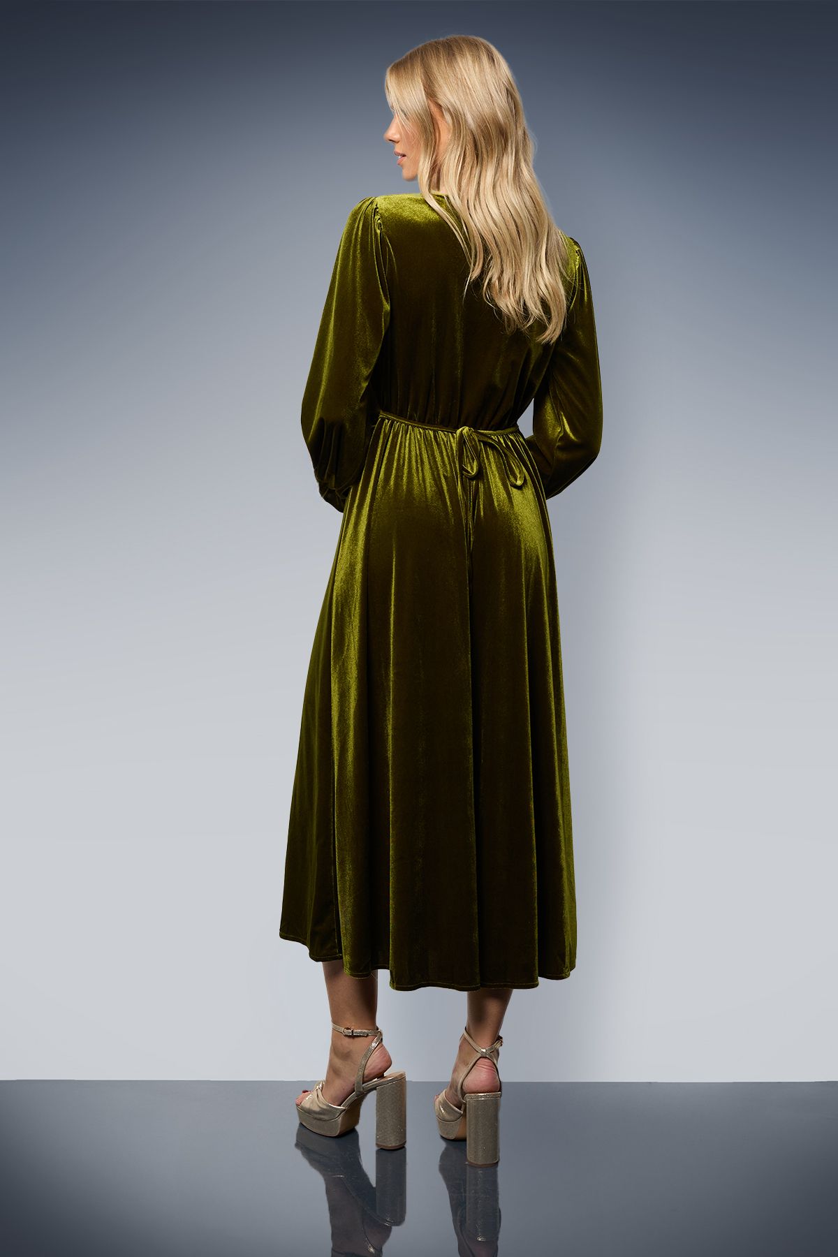 Oasis Velvet Lace Trim Button Through Midi Dress Olive image 3