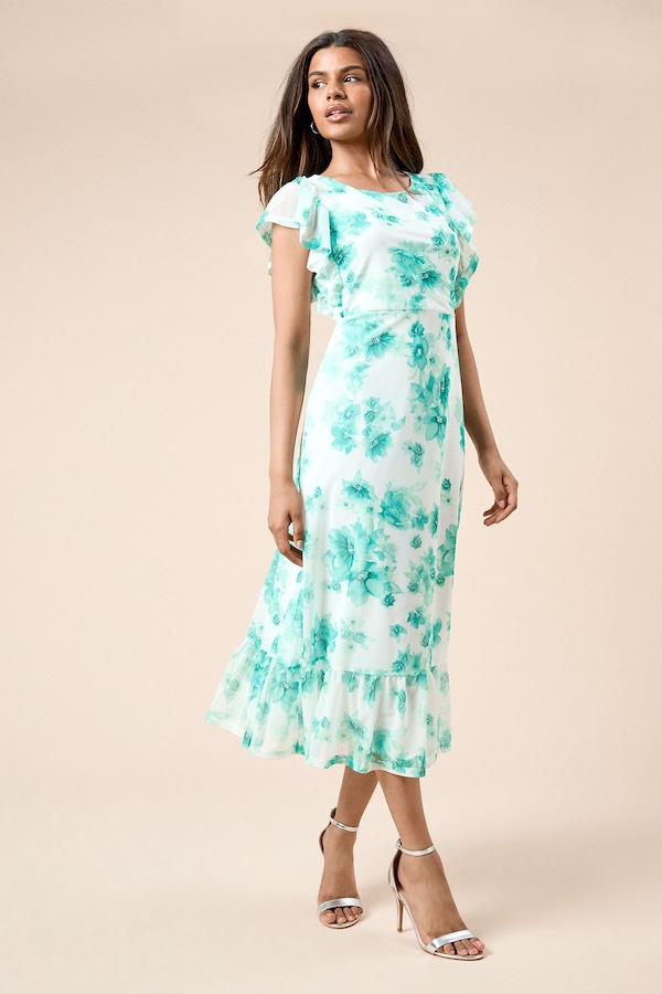 Dorothy Perkins Petite Green Floral Frill Sleeve Belt Detail Mesh Jersey Midi Dress Green