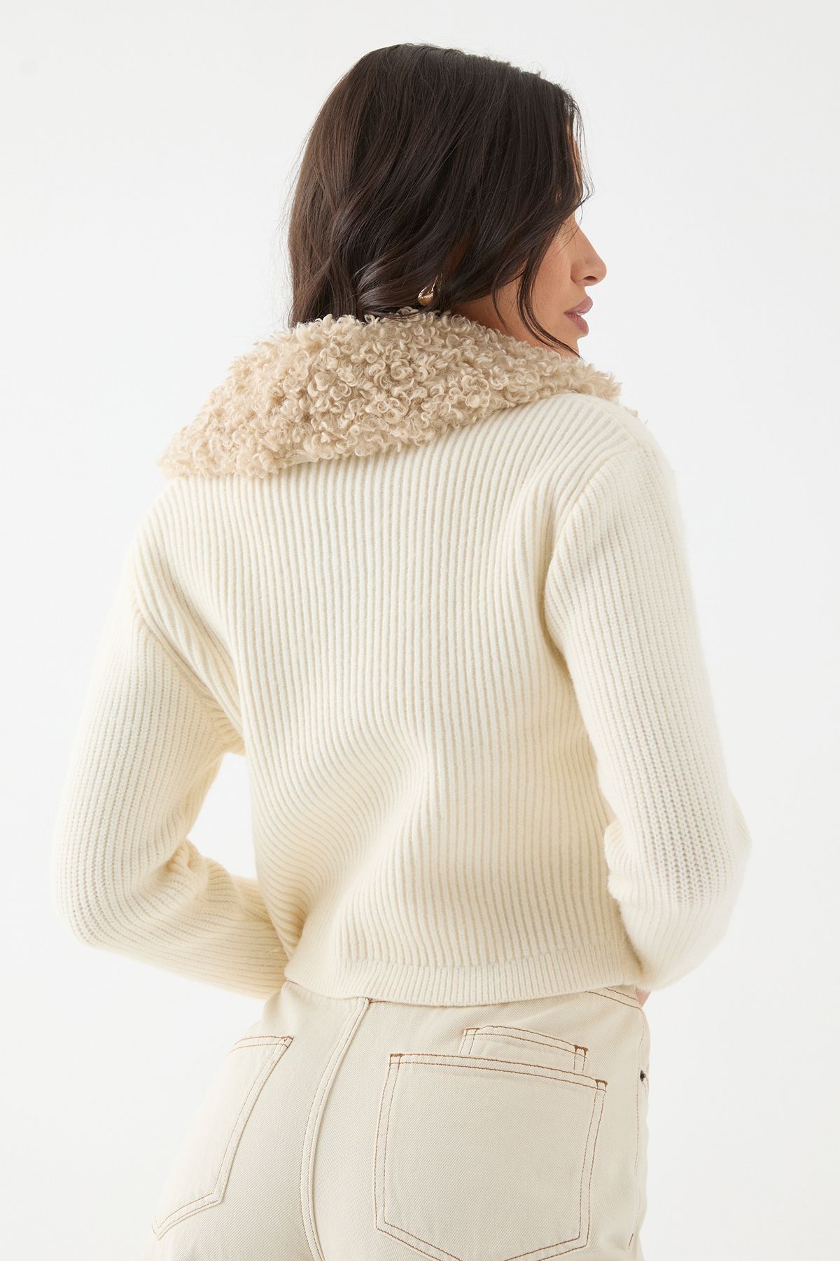 MissPap Teddy Fur Collar Long Sleeve Zip Up Jumper Cream image 3