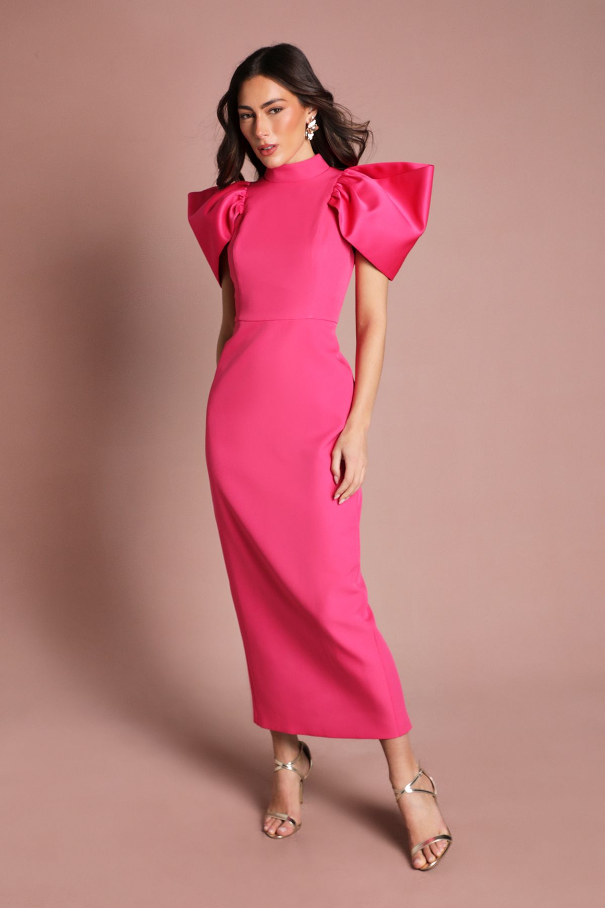 Coast Coast Muse Structured Satin Volume Sleeve Maxi Dress Hot Pink