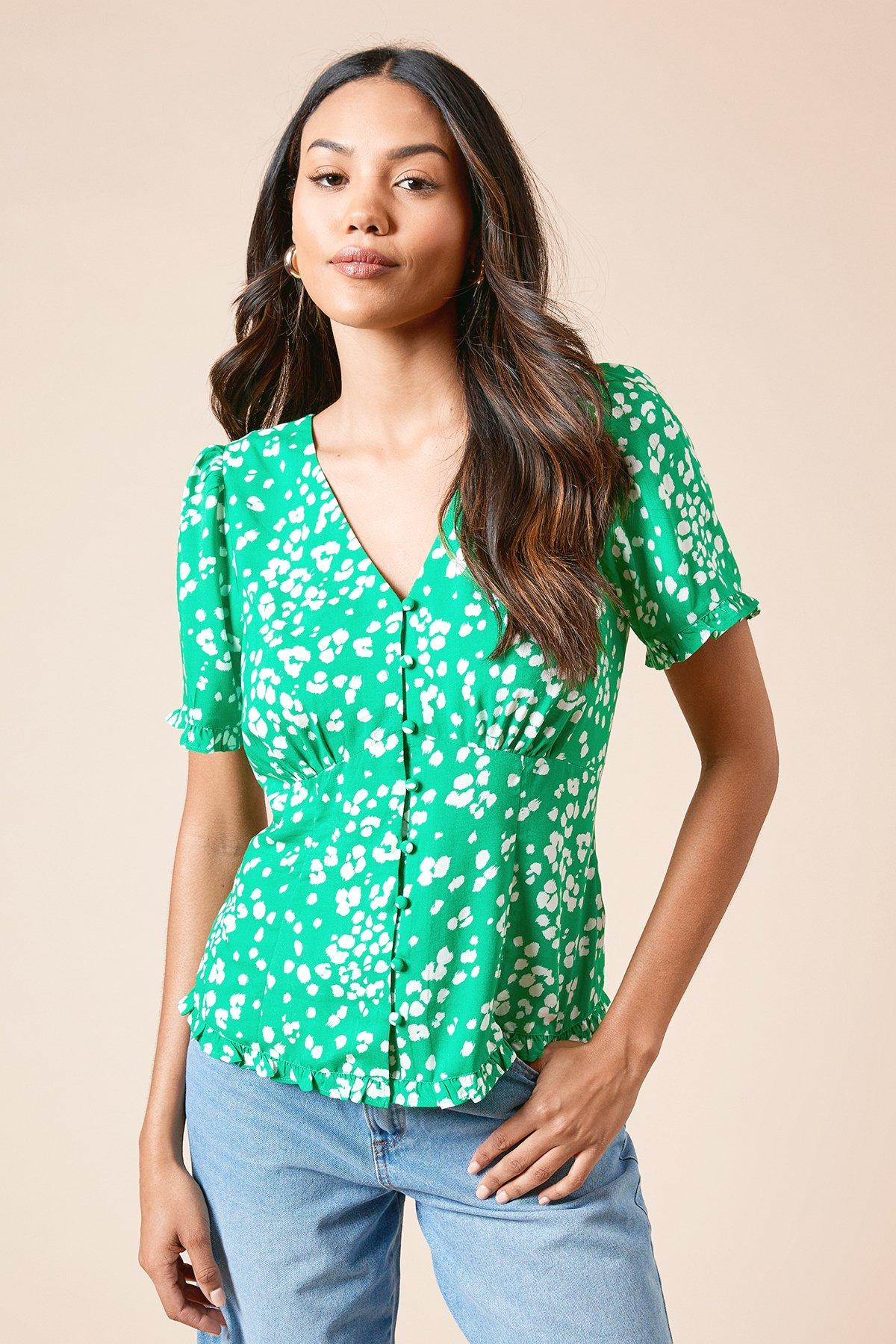 Dorothy Perkins Green Floral Button Up Frill Detail Top Green image 1