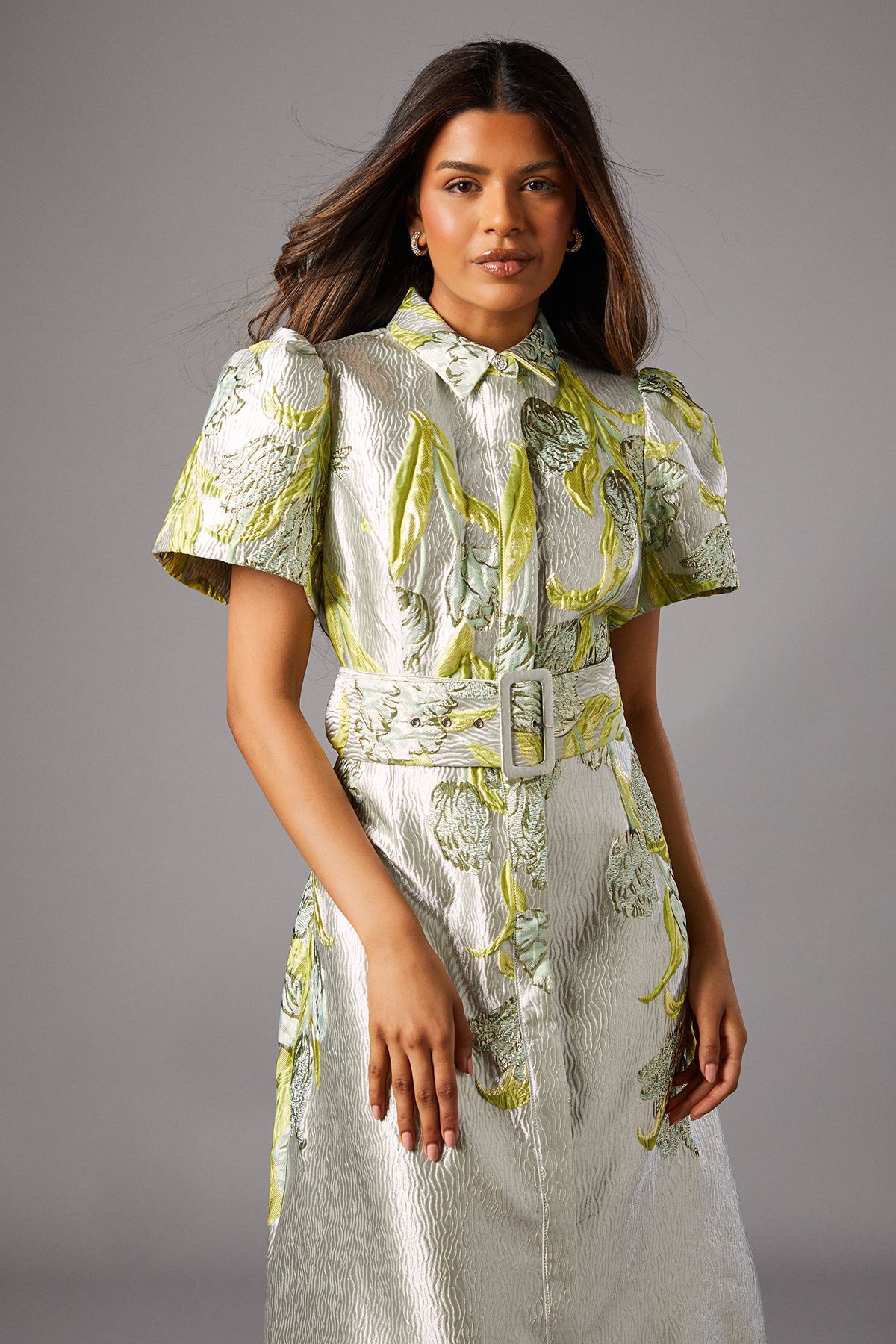 Coast Petite Belted Jacquard Shirt Dress Silver image 2