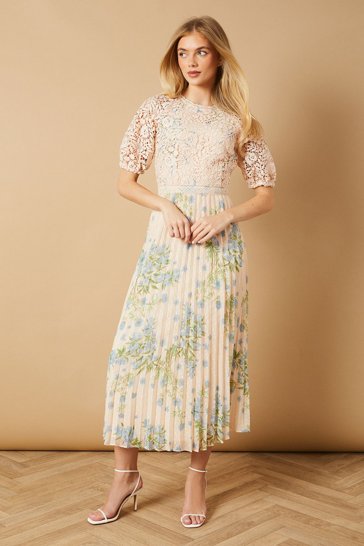 Oasis Occasion Floral Lace Bodice Pleated Midi Dress Ivory