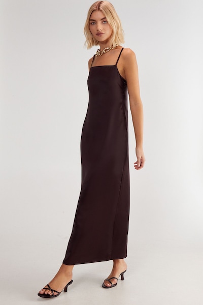 NastyGal Satin Square Neck Maxi Slip Dress Chocolate