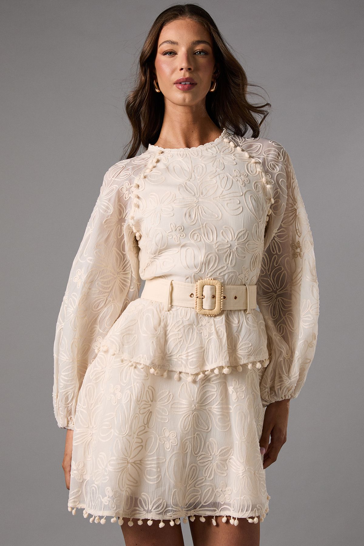 Coast Long Sleeve Tiered Skirt Mini Dress With Belt Cream image 2