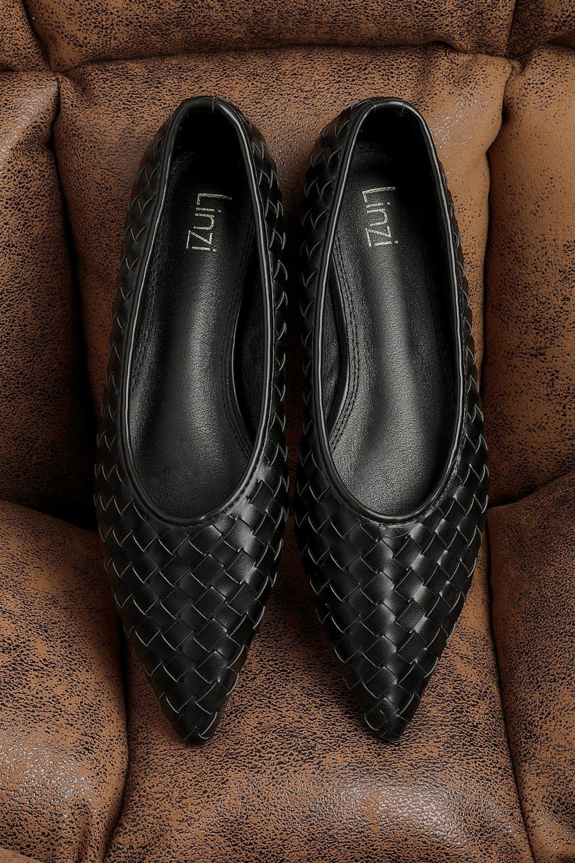 Linzi Talina Black Faux Leather Woven Pointed Toe Ballet Flats image 2