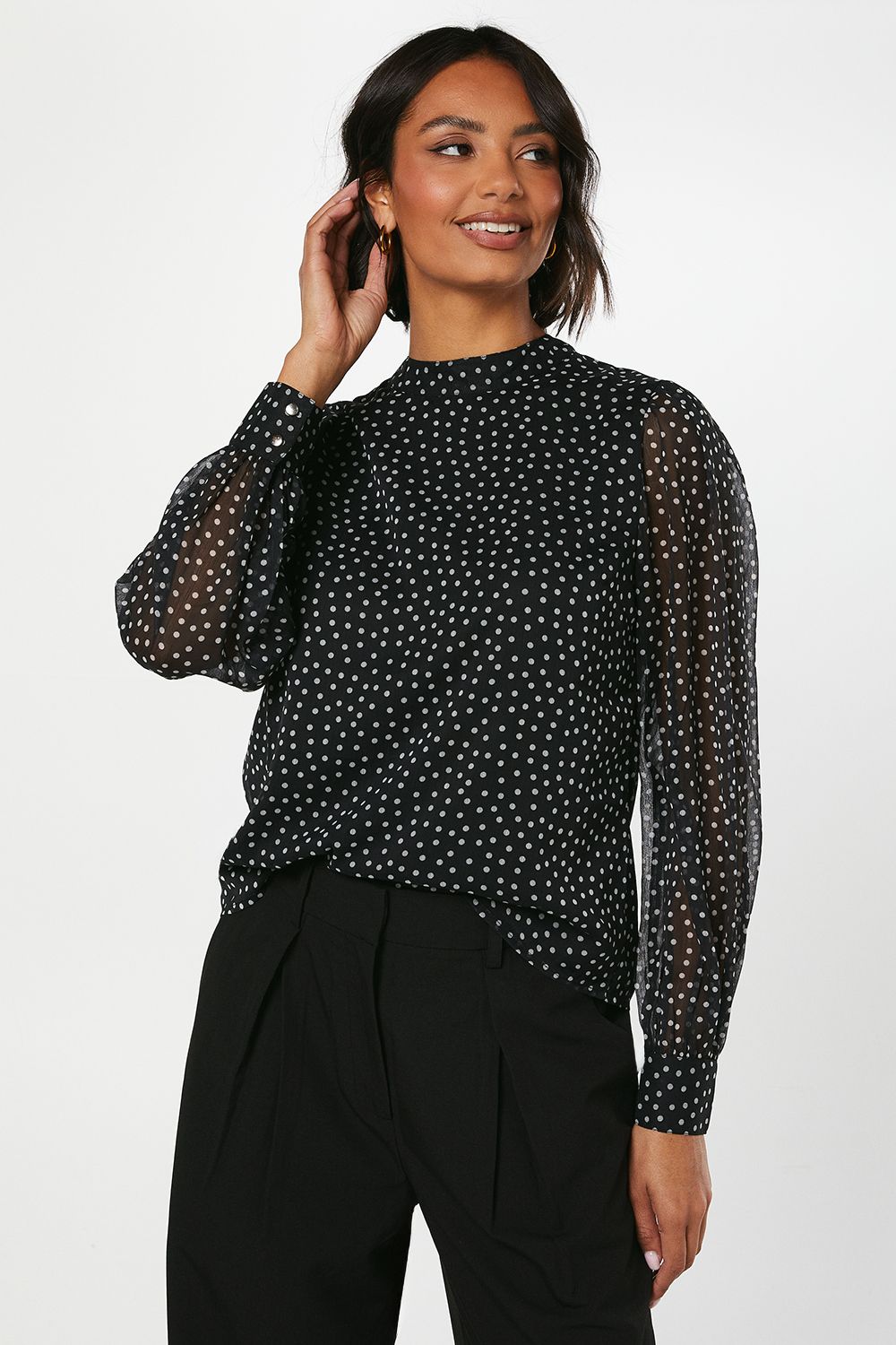 Dorothy Perkins Spot Chiffon High Neck Long Sleeve Blouse Black image 4