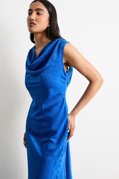 Warehouse Cowl Bias Satin Dress With Button Detail Cobalt