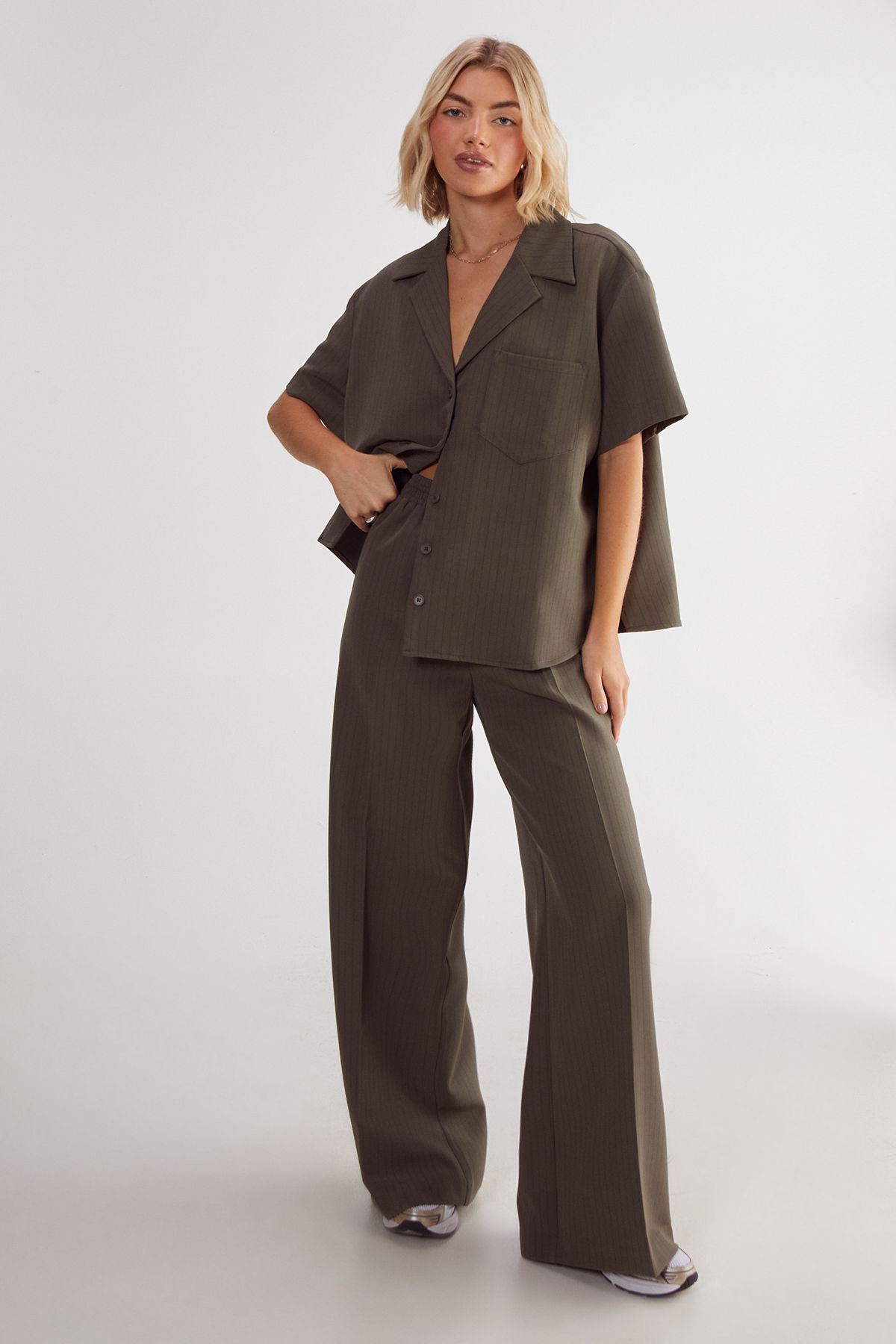 NastyGal Pinstripe Button Front Detail Tailored Trouser. Khaki image 2