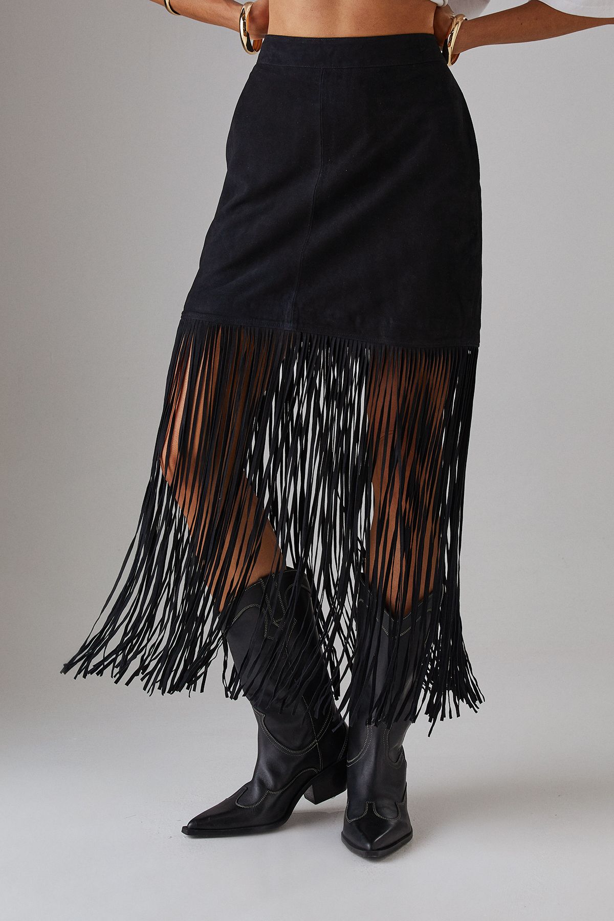 Warehouse Real Suede Fringed Maxi Skirt Black image 1