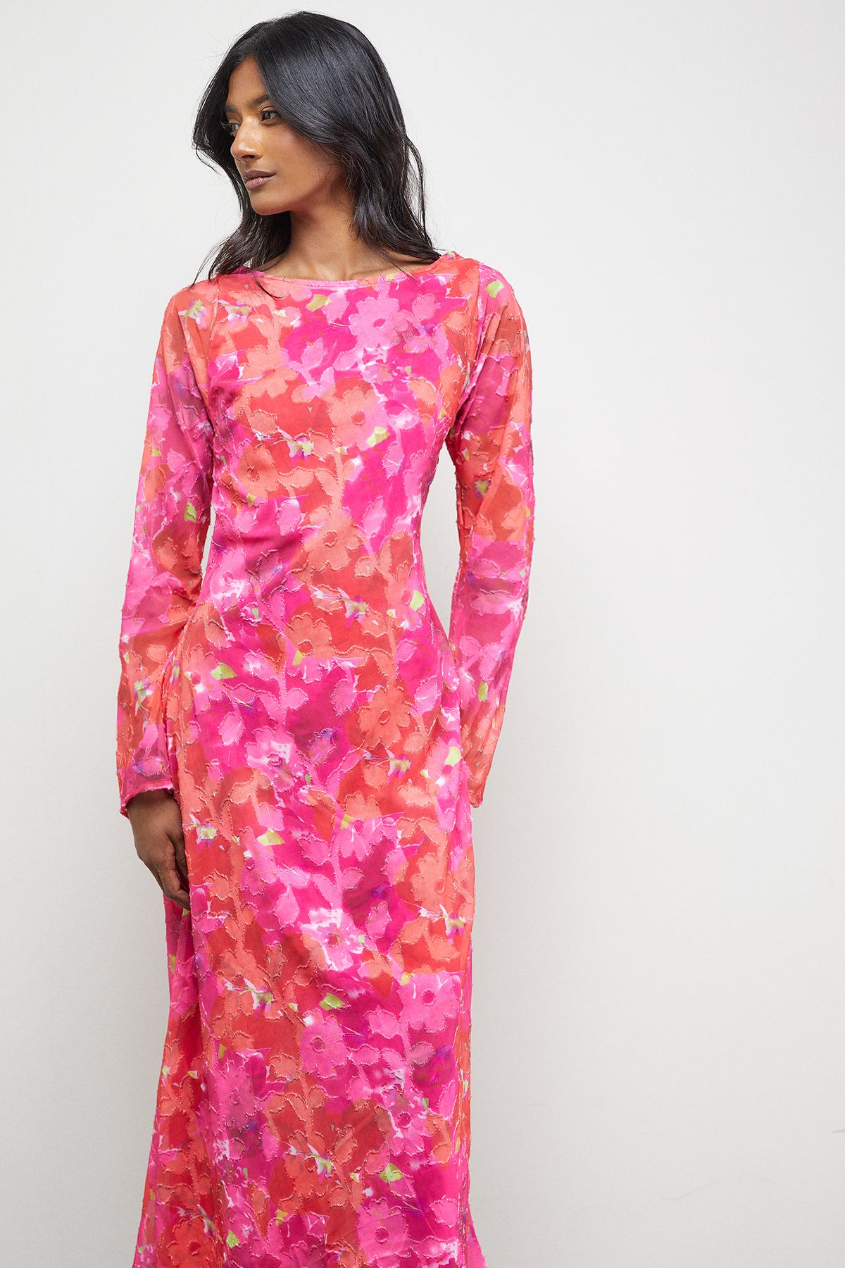Warehouse Burnout Floral Chiffon Slash Neck Bias Midi Dress Pink image 4