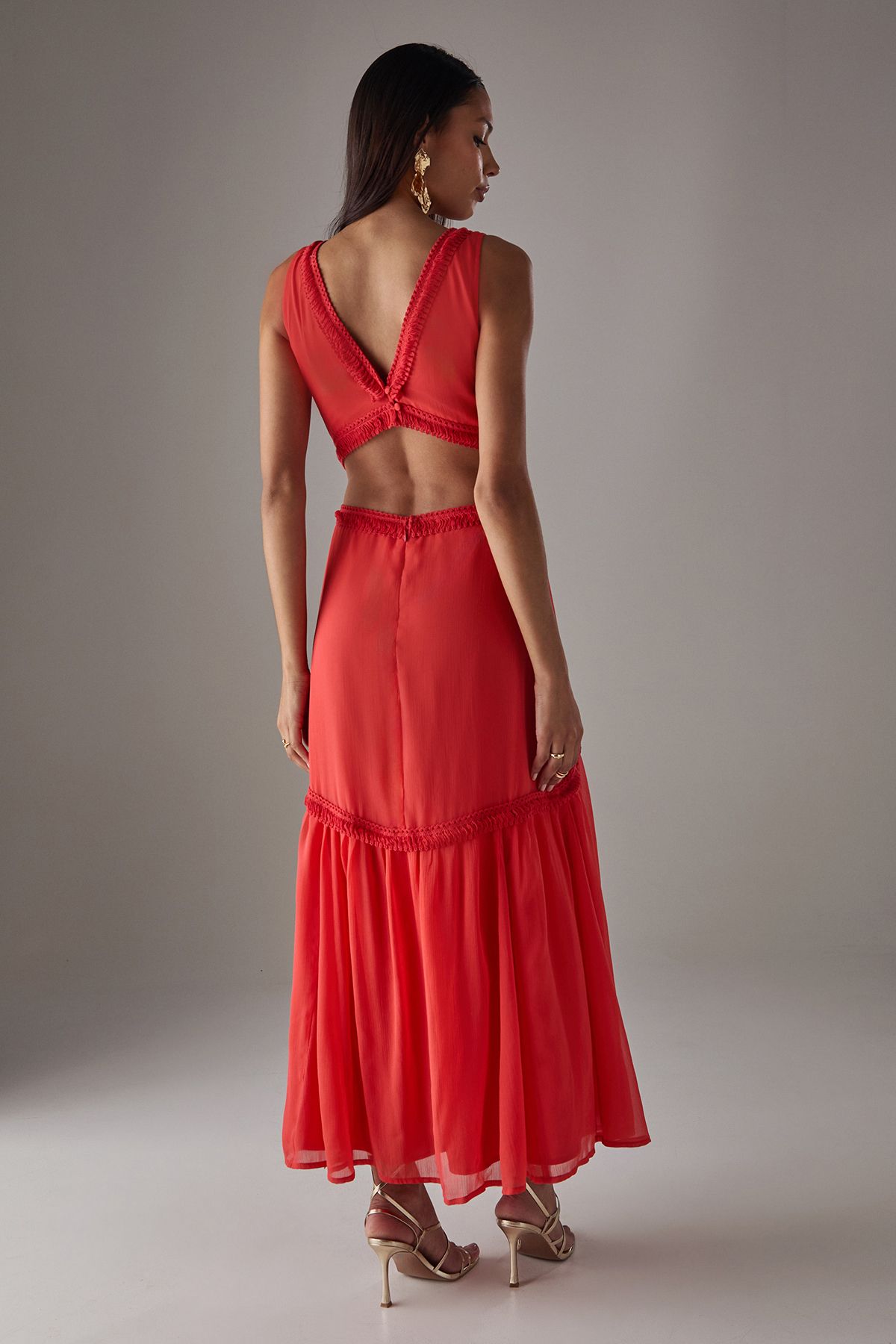 Warehouse HCD Chiffon Fringe Trim Cut Out Maxi Dress Red image 3