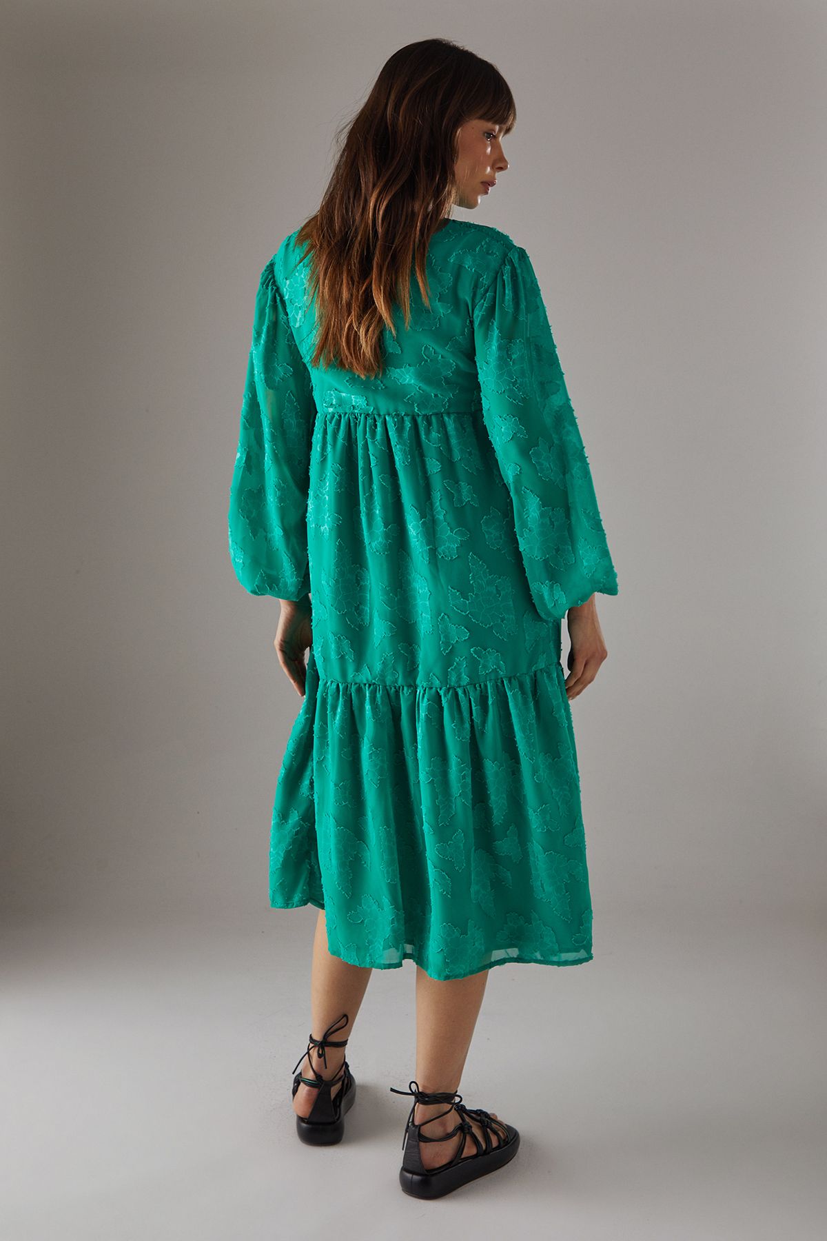 Warehouse Burnout Chiffon Wrap Smock Midi Dress Green image 3