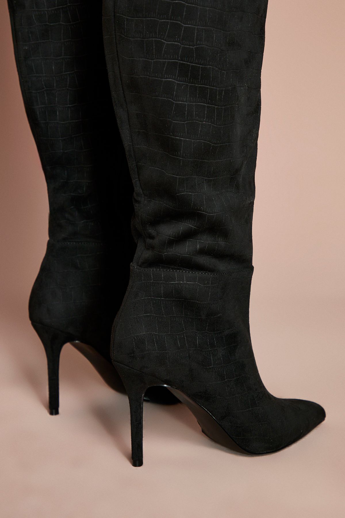 Coast Eleanor Faux Croc Embossed Suede High Stiletto Knee Boots Natural Black image 4