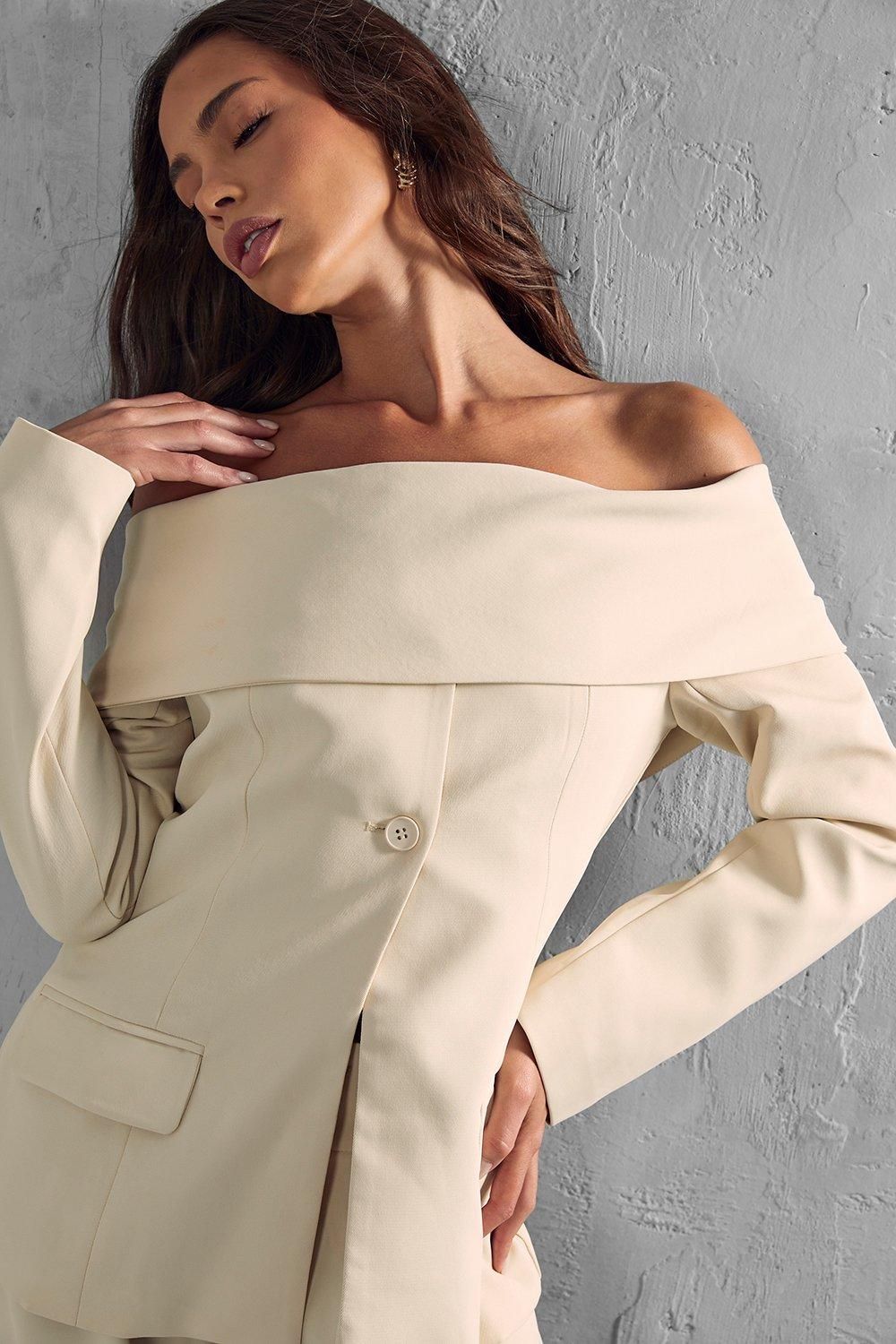 MissPap Tailored Bardot Fitted Blazer Top Stone image 2