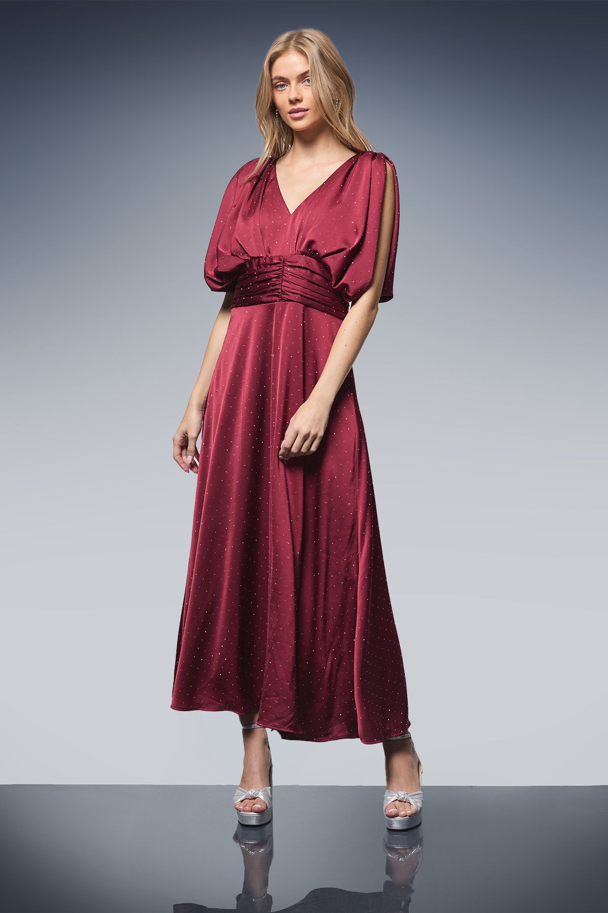 Oasis Hotfix Detail Ruched Bodice V Neck Midi Dress Wine image 1
