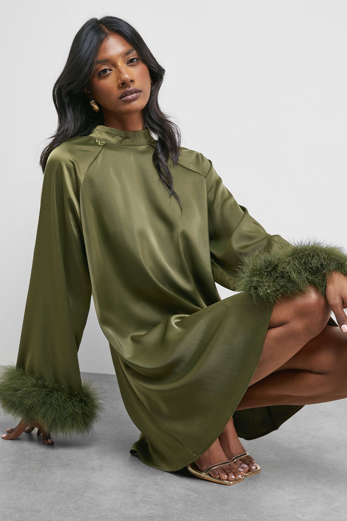 Warehouse Premium Satin Feather High Neck Swing Mini Dress Olive image 2