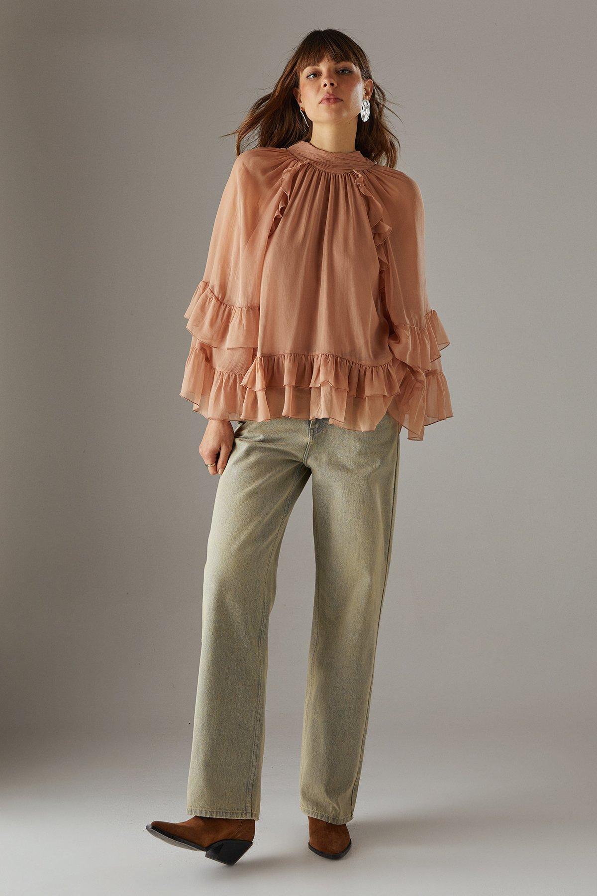 Warehouse Bow Back Ruffle Boho Top With Flared Sleeve Tan image 2