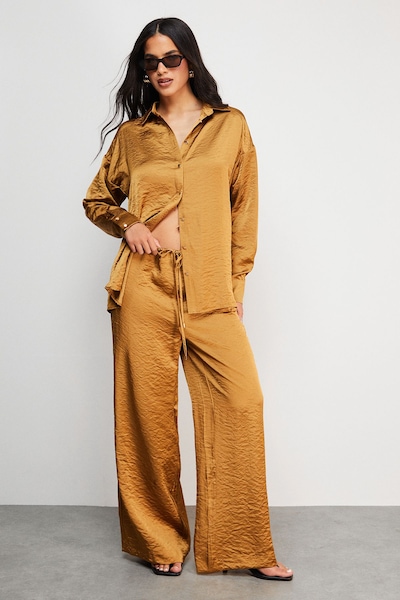 Warehouse Hammered Satin Mid Rise Drawstring Trouser Gold