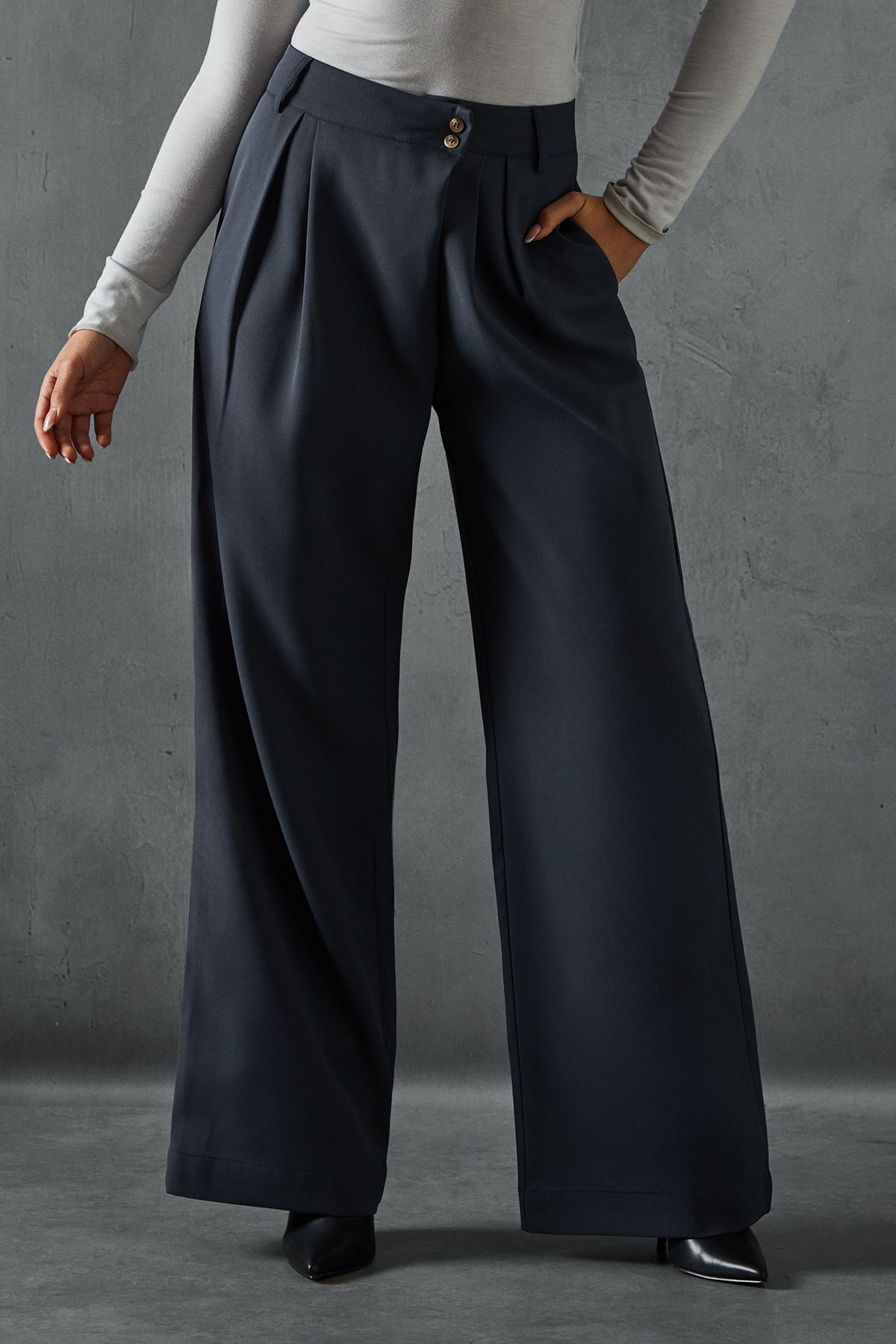 MissPap Wide Leg Asymmetric Waistband Trousers Charcoal image 2