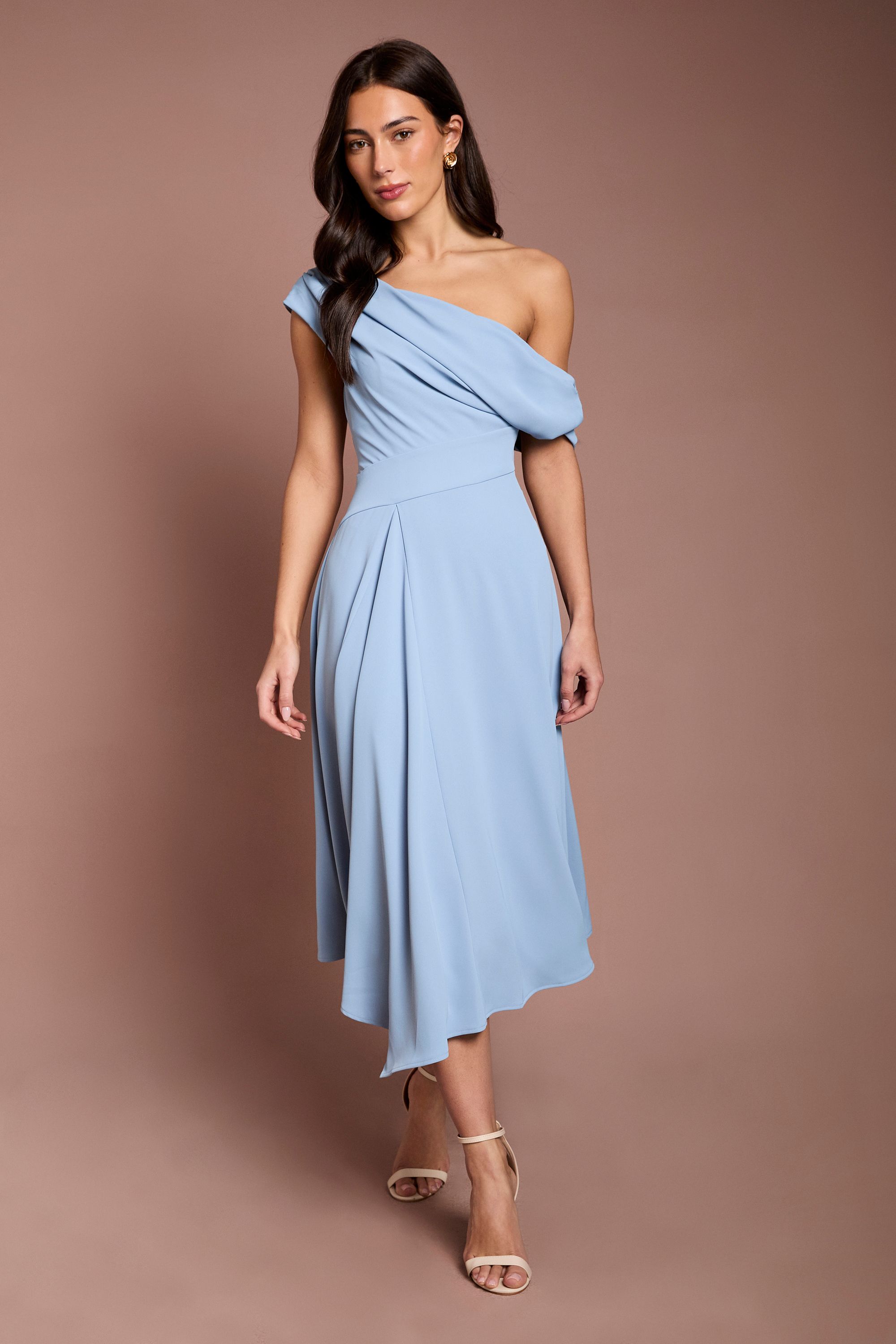 Coast Off The Shoulder Asymmetric Lightweight Crepe Midi Dress Cornflower Blue