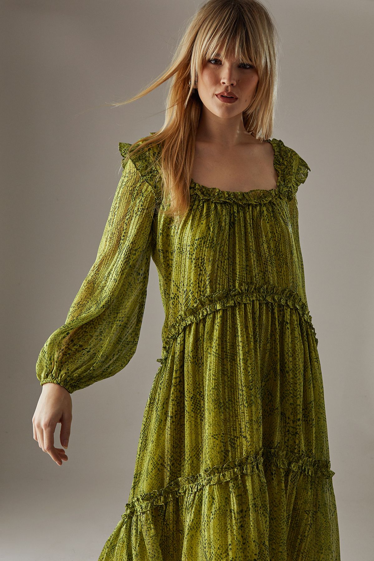 Warehouse Snake Shadow Stripe Ruffle Square Neck Smock Midi Dress Gold image 2