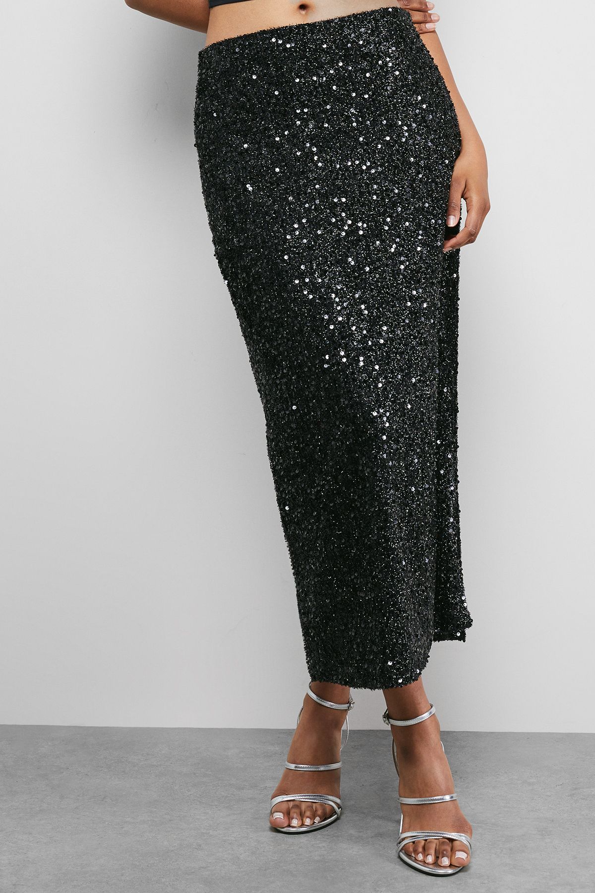 Warehouse Tinsel Sequin Midaxi Skirt Co ord Black image 1