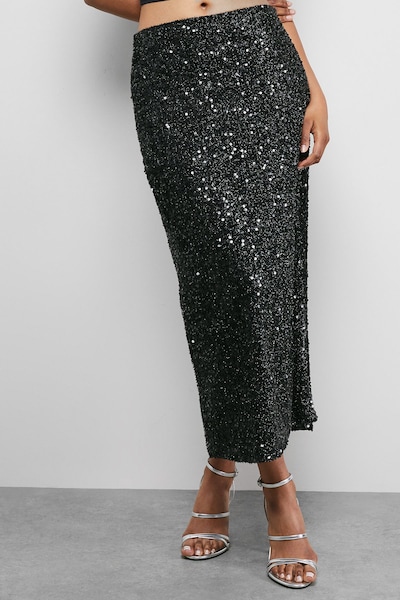 Warehouse Tinsel Sequin Midaxi Skirt Co ord Black