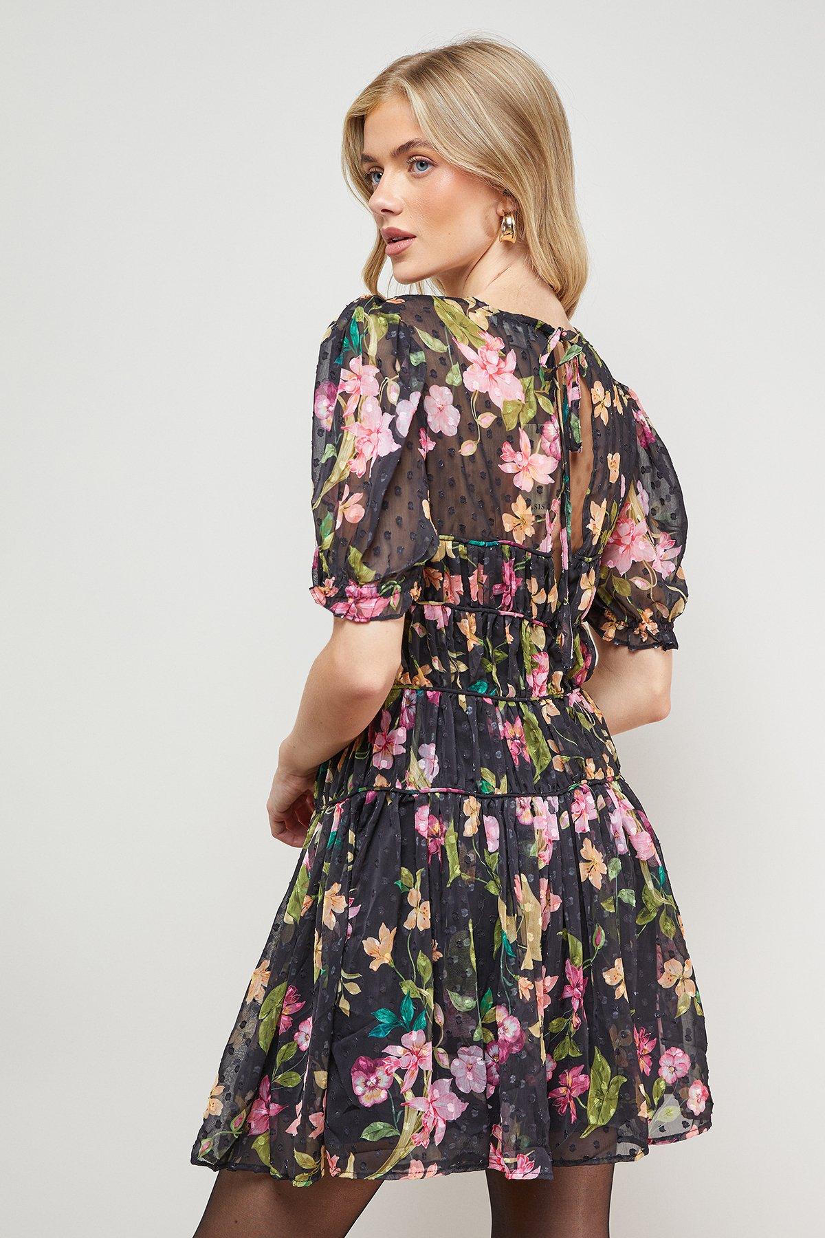 Oasis Printed Dobby Shirred Bodice Mini Dress Black image 4