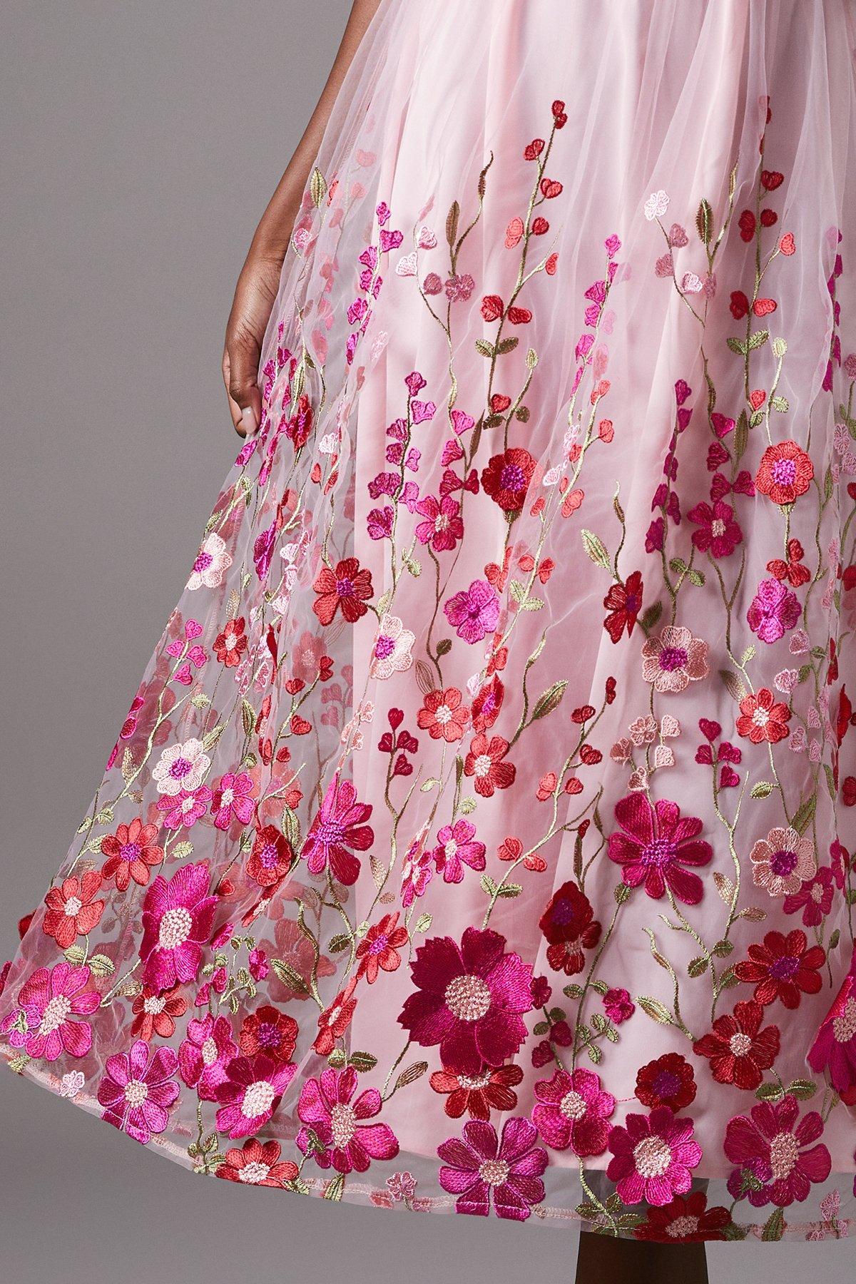 Coast Embroidered Floral Mesh Midi Wedding Guest Dress Pink image 5