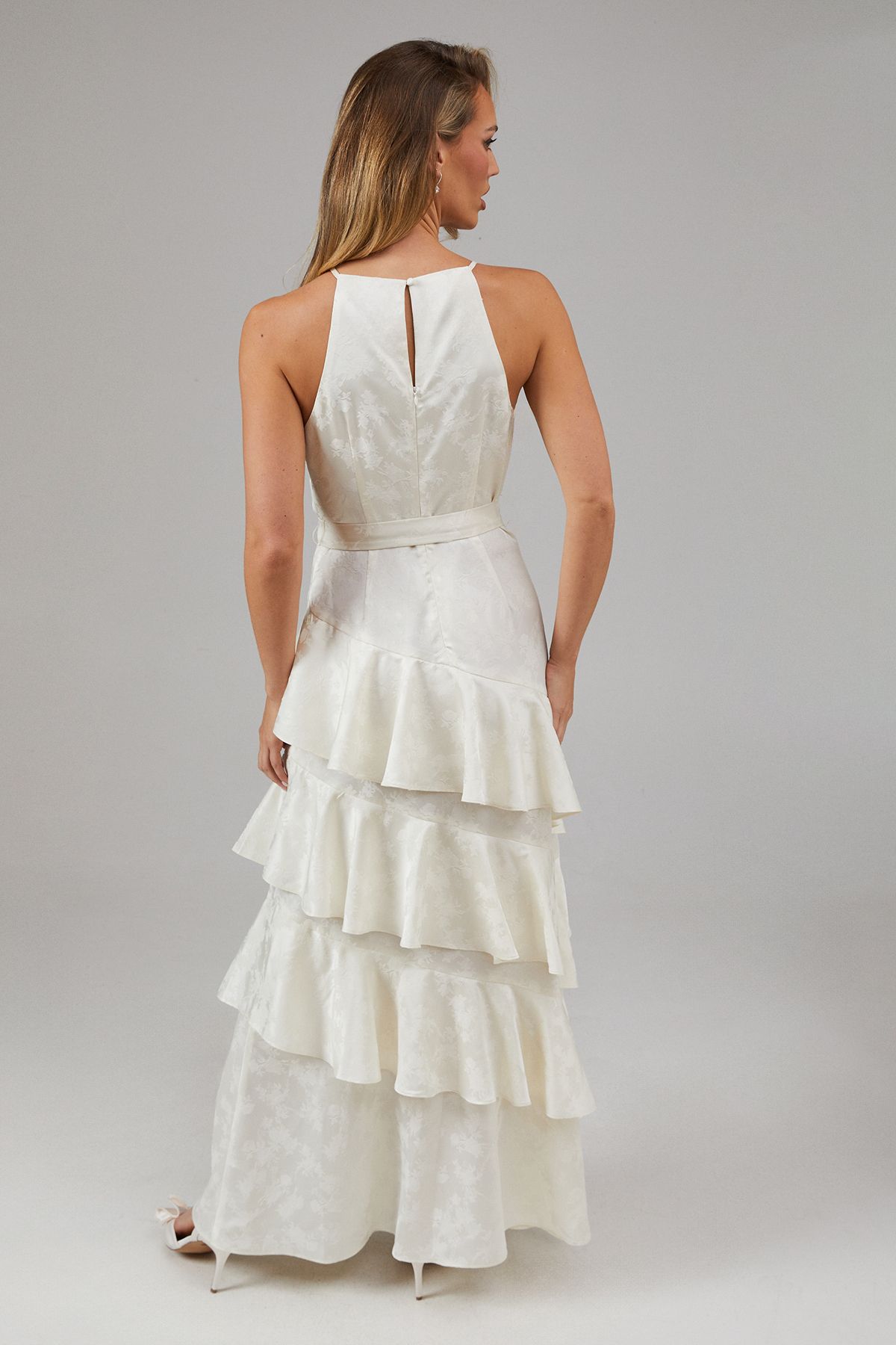 Oasis Satin Jacquard Ruffle Halter Neck Bridesmaid Dress Champagne image 3