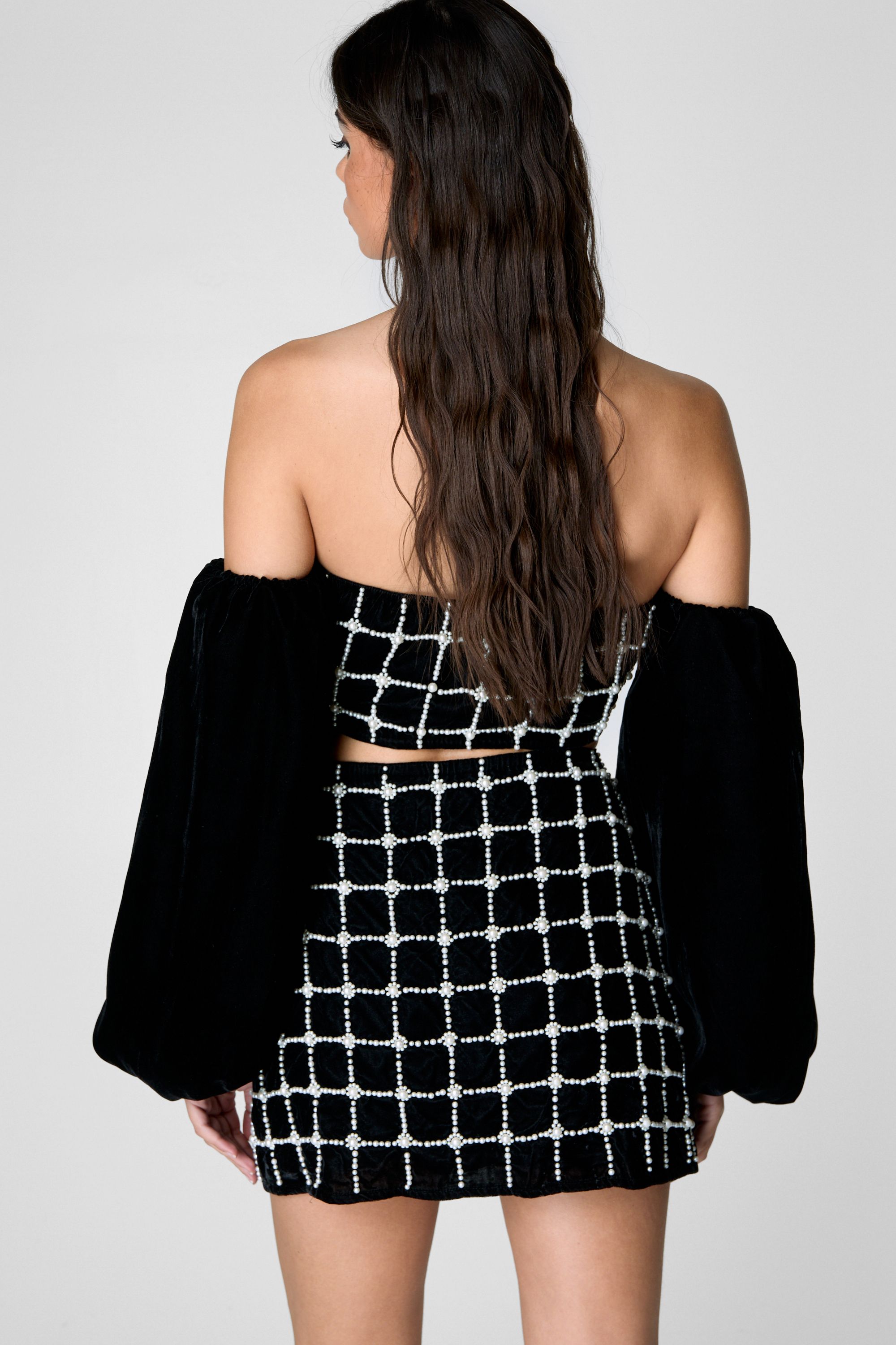 NastyGal Pearl Embellished Velvet Side Split Mini Skirt Black image 4