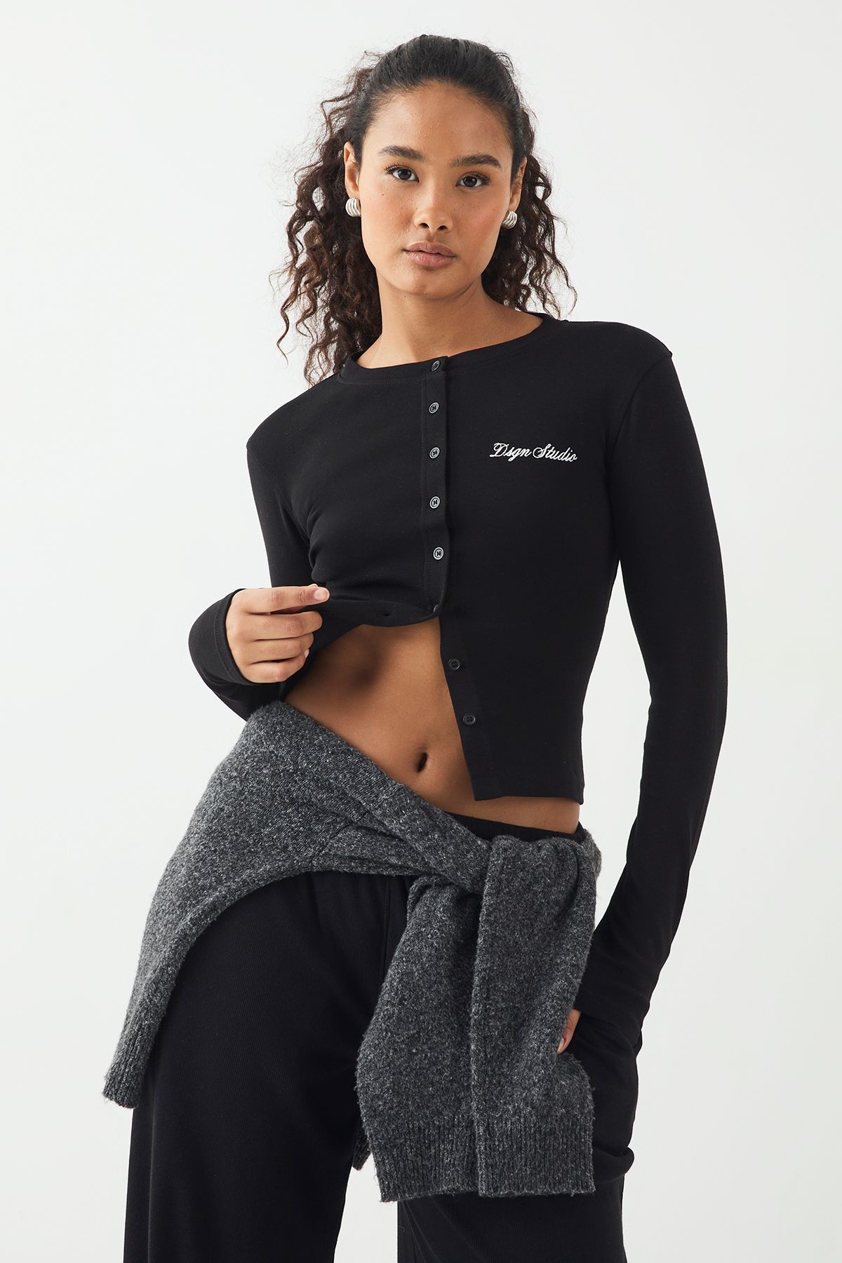 DSGN Studio DSGN Studio Ribbed Script Embroidery Button Through Long Sleeve Top Black image 1
