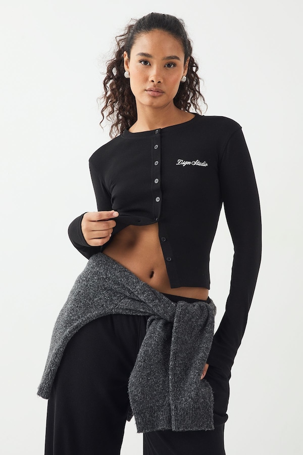 DSGN Studio DSGN Studio Ribbed Script Embroidery Button Through Long Sleeve Top Black