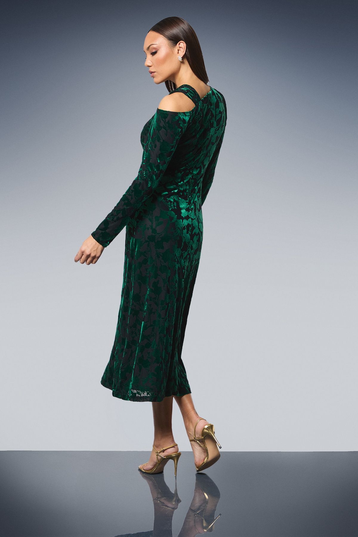 Principles Asymmetric Neck Velvet Devore Midi Dress Green image 3