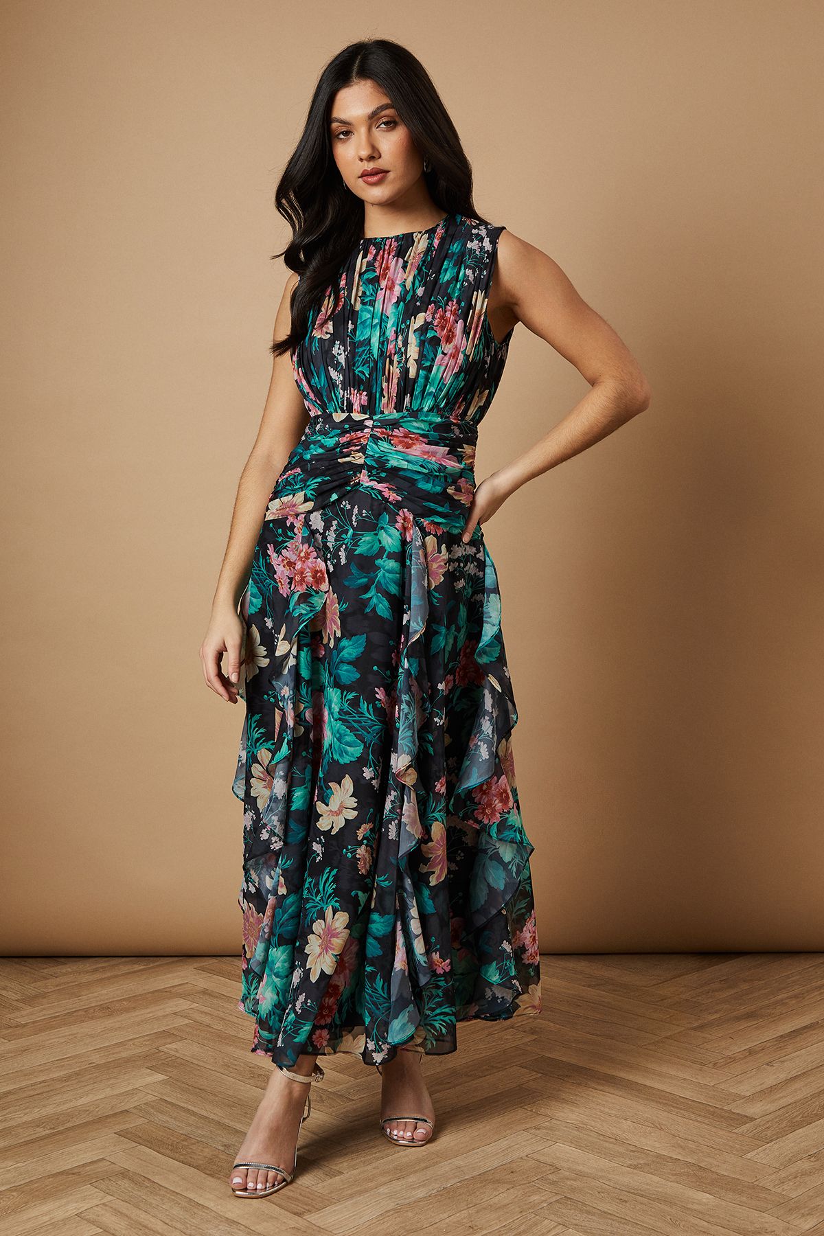 Oasis Floral Waist Detail Ruffle Maxi Dress Black image 3