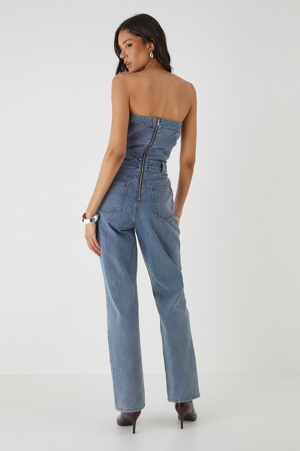 MissPap Bandeau Button Up Denim Jumpsuit Mid Wash image 5