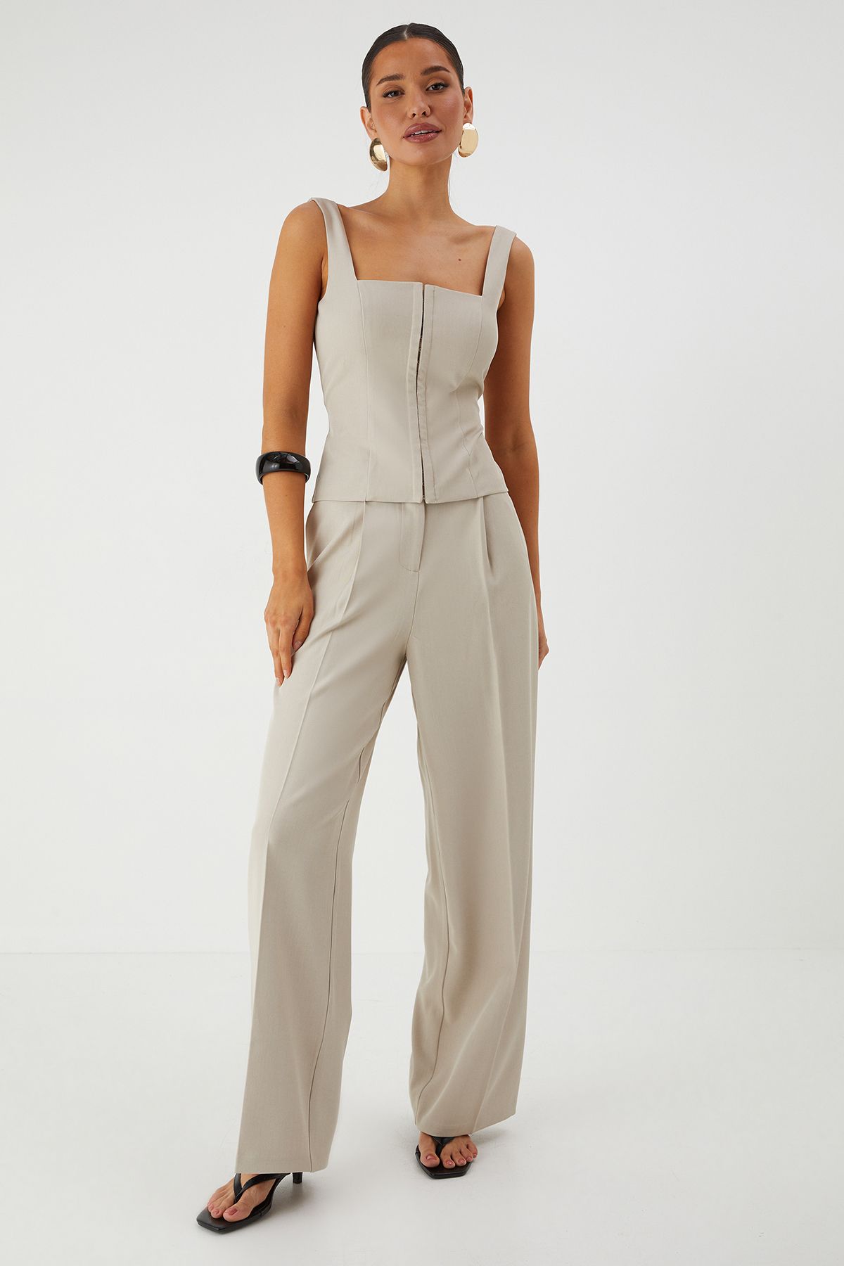 MissPap Tailored Pleat Wide Leg Trousers Stone image 1