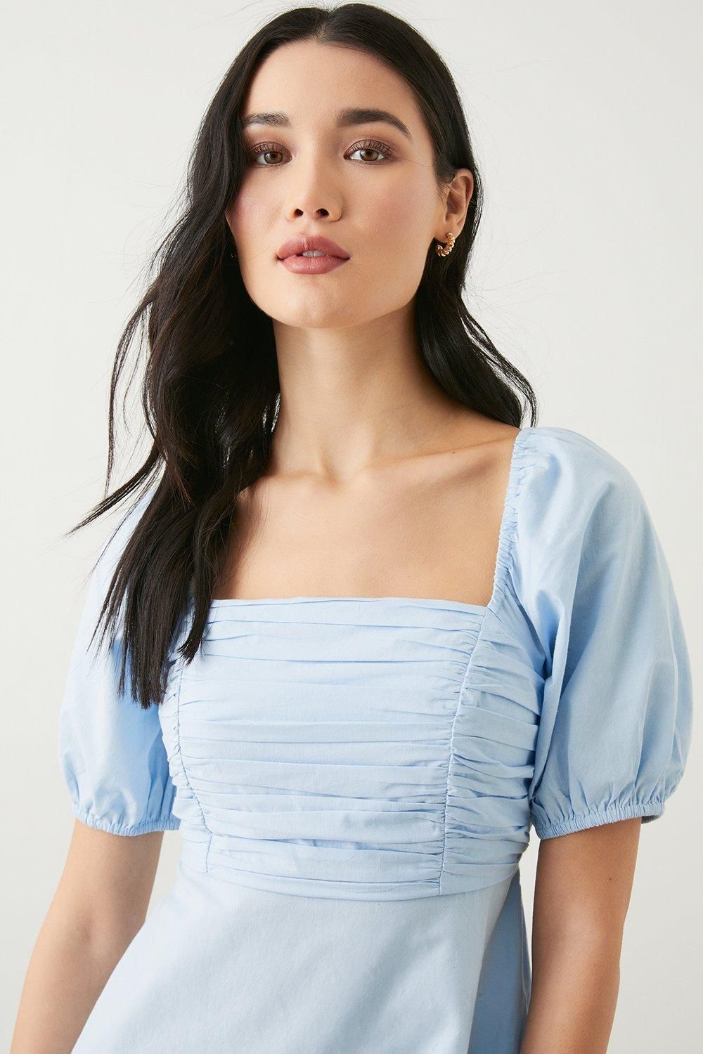 Dorothy Perkins Petite Blue Poplin Ruched Midi Dress Blue image 2