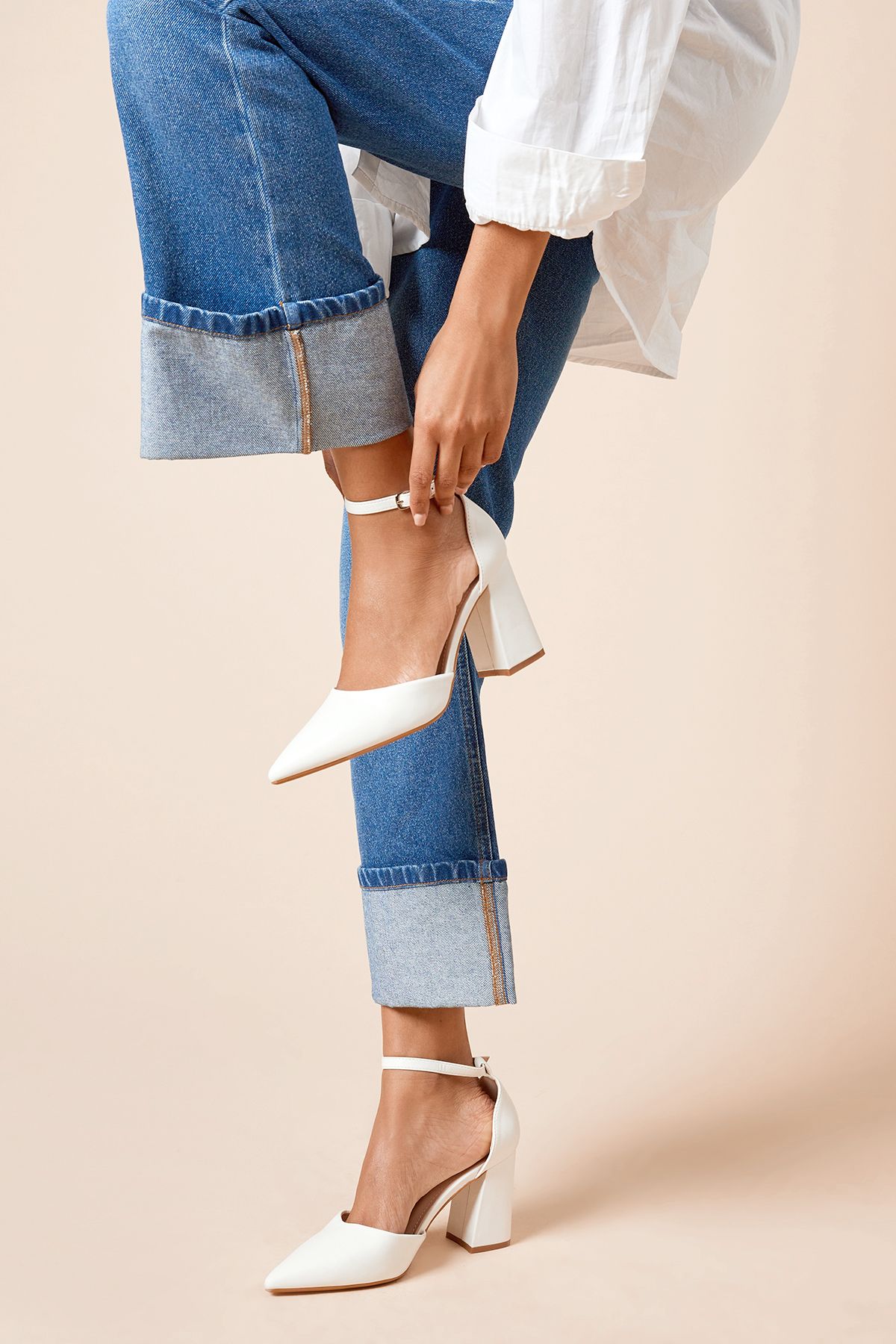 Dorothy Perkins White Blanche Ankle Strap Pointed High Block Heel - Main Image